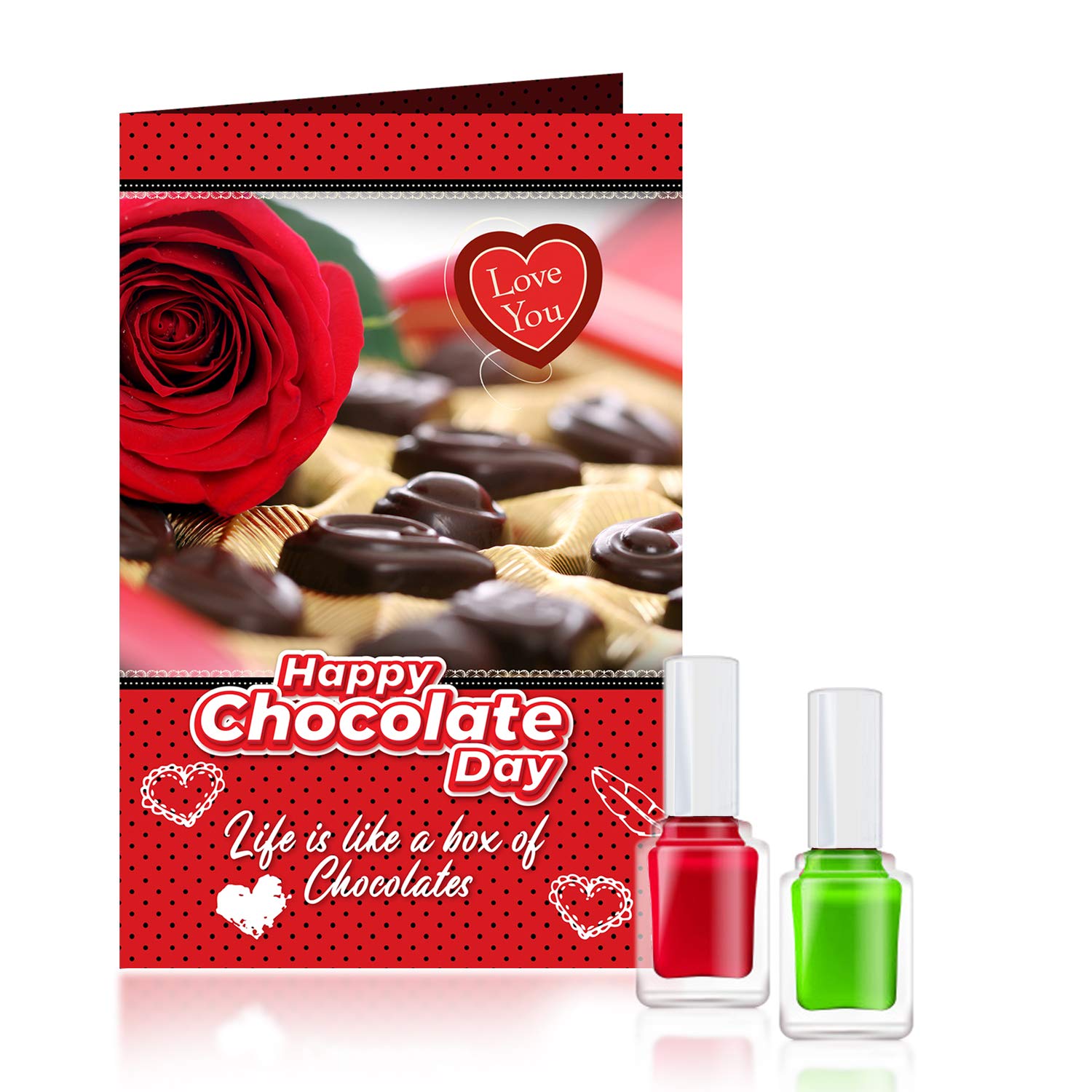 Love You Happy Chocolate Day Greeting Card with 2 Long-Lasting Nail Polishes - Perfect Gift for Women, Birthday, Anniversary & Valentine's Day | Life is Like A Box of Chocolates Theme