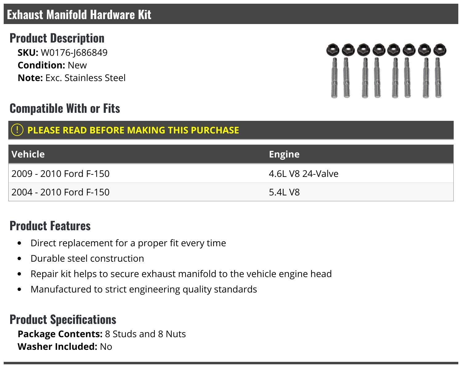 High-Performance Exhaust Manifold Hardware Kit - 16-Piece Set with Studs & Nuts for 2004-2010 Ford F150 Trucks - Perfect for Engine Repairs & Upgrades