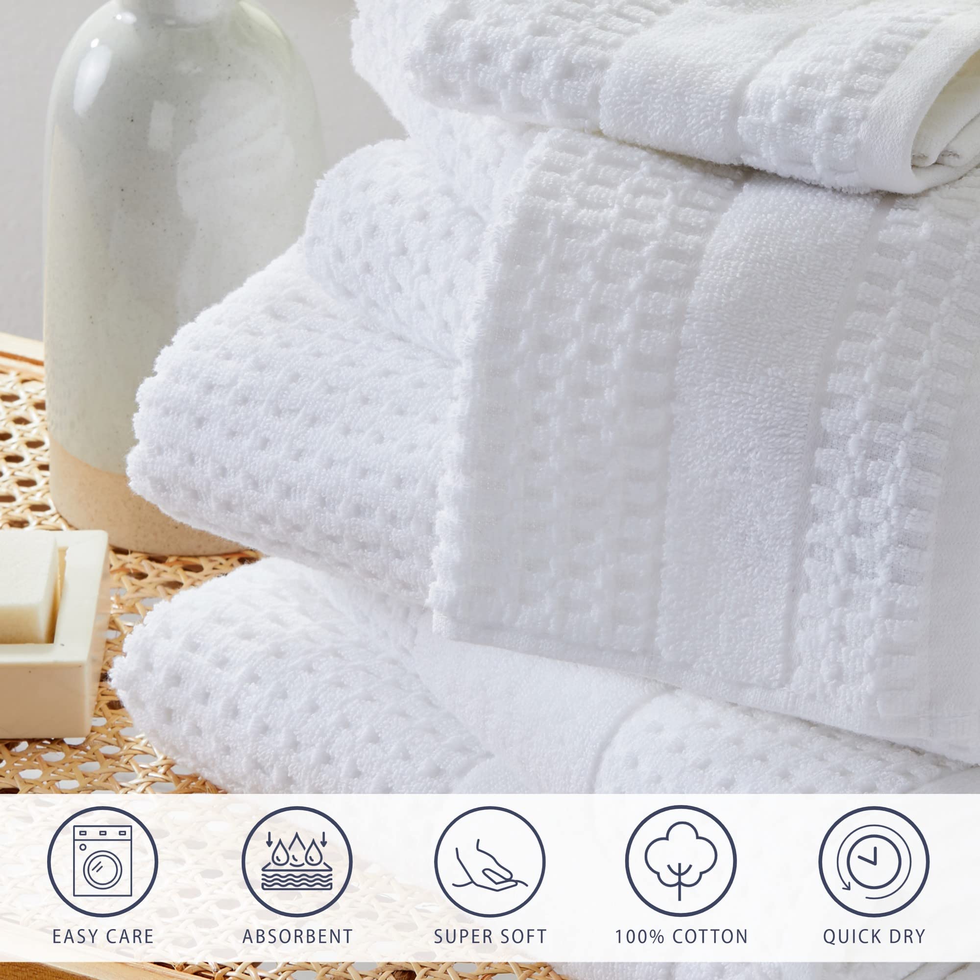 Luxury 100% Cotton Super Soft Bath Towel Set - Quick-Dry, Highly Absorbent Waffle Textured Towels (550 GSM) | 2 Bath Towels, 2 Hand Towels & 2 Washcloths | Harper Collection in White | Perfect for Spa, Bathroom & Hotel Use