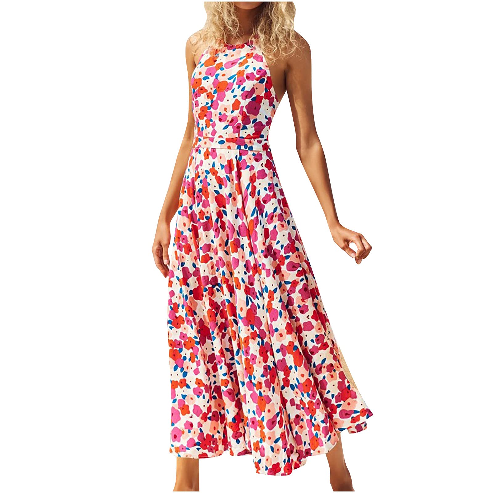 Women's Sexy Floral Halter Dress - Summer Sleeveless Long Dress with Solid Print & Collar for Party, Holiday, Beach Vacation and Date Night Outfits