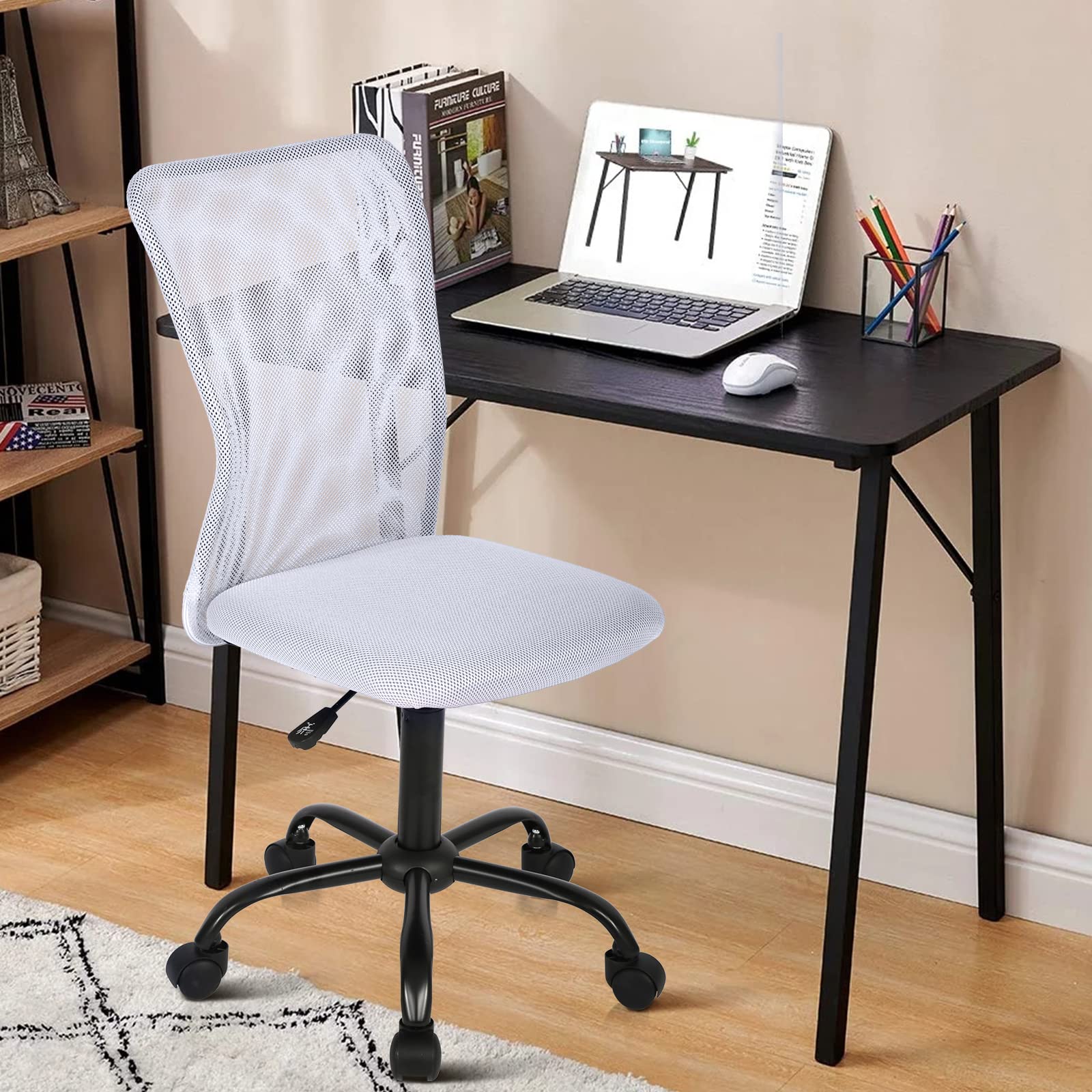 Ergonomic Mesh Office Chair - Modern Mid Back Rolling Swivel Computer Desk Chair with Breathable Fabric, Armless Design for Home & Office Use - Perfect for Long Hours of Work, Gaming, or Studying (White)