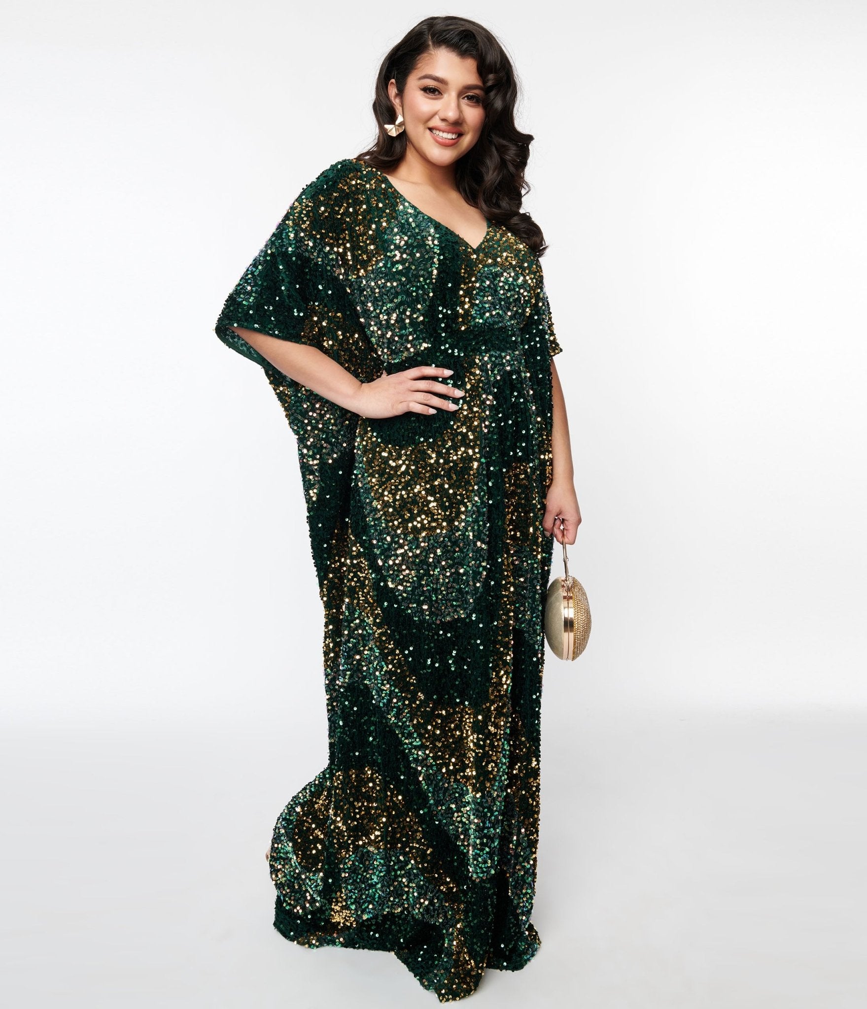 Vintage Emerald Green & Gold Sequin Burton Caftan Dress for Women - Elegant Boho Maxi Dress for Beach Wedding, Party & Special Occasions