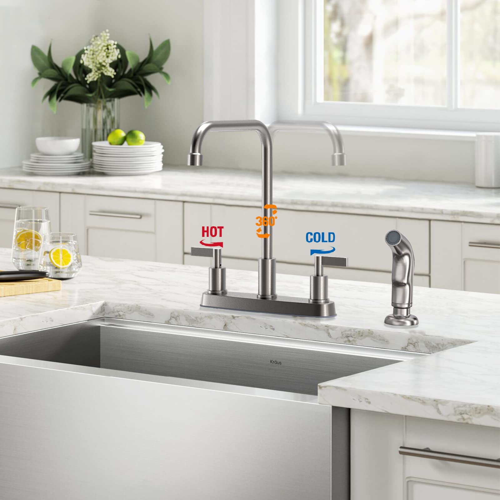 Brushed Nickel Kitchen Faucet with Pull Down Sprayer - 2 Handle Stainless Steel Sink Faucet for 3 or 4 Hole Installation - Perfect for Modern Kitchens, Dishwashing & Food Prep