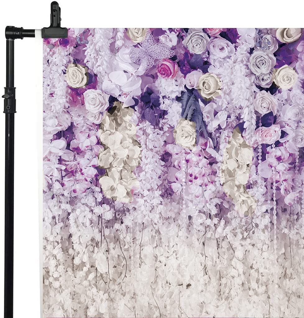 Purple and White Floral Vinyl Photography Backdrop - 9x6ft Wedding Bridal Shower Baby Shower Birthday Party Decor for Cake Table, Dessert Table & Photo Booth - DLA113C