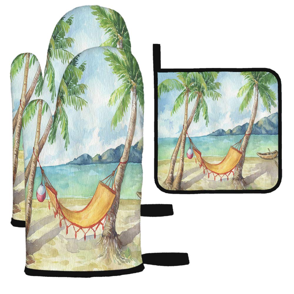 Moslion Summer Beach Oven Mitts & Potholders Set - Coastal Sea Theme with Palm Trees, Hammocks & Boats - Heat Resistant BBQ Gloves for Cooking, Baking, Grilling - Perfect for Outdoor Picnics, Beach Parties & Backyard BBQs
