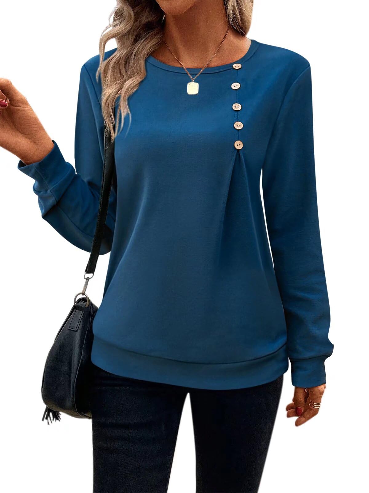 Women's Casual Long Sleeve Crewneck Henley Shirt - Loose Fit Pullover Tunic Top for Fall | Comfortable Everyday Wear, Layering Essential & Office Outfits