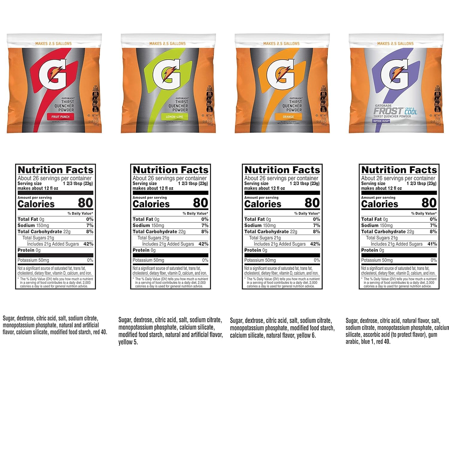 Gatorade Thirst Quencher Powder - 4 Flavor Variety Pack (Lemon Lime, Orange, Fruit Punch, Glacier Freeze) - 21oz Pouches (Pack of 32) - Electrolyte Sports Drink Mix for Hydration & Recovery - Perfect for Workouts, Running, Gym & Outdoor Activities