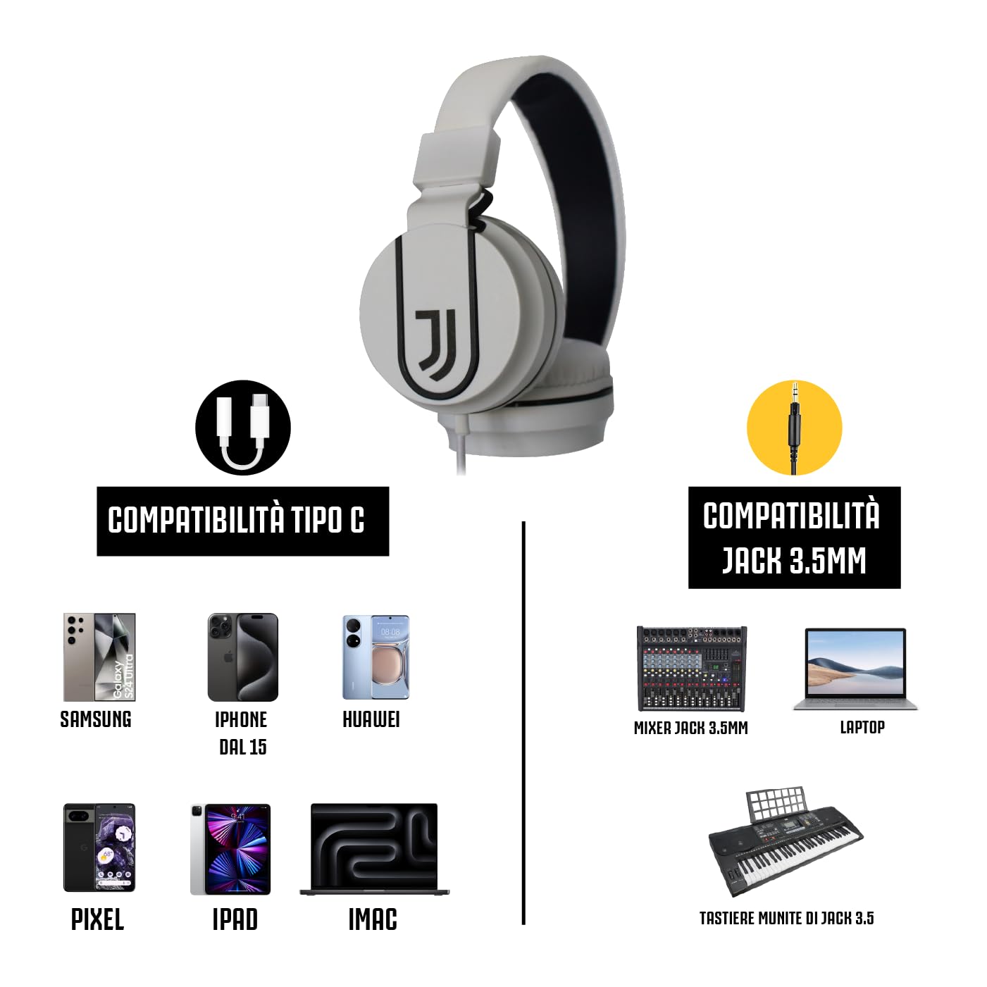 Official Juventus FC Gaming Headset with Built-in Microphone - On-Ear Headphones with 3.5mm AUX Cable & USB-C Adapter - White/Black - Perfect for Gaming, Streaming & Online Classes