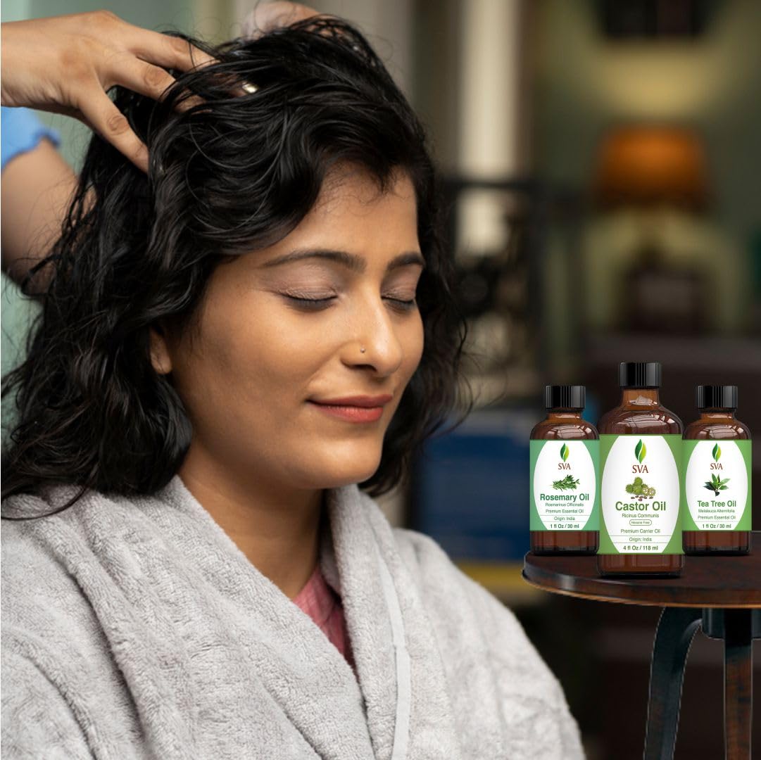 Premium SVA Castor Oil 4oz + Tea Tree & Rosemary Essential Oils 1oz Bundle - Hair Growth, Scalp Care & Skin Moisturizing Set - Perfect for DIY Hair Masks, Aromatherapy Diffusers & Relaxing Massage Therapy