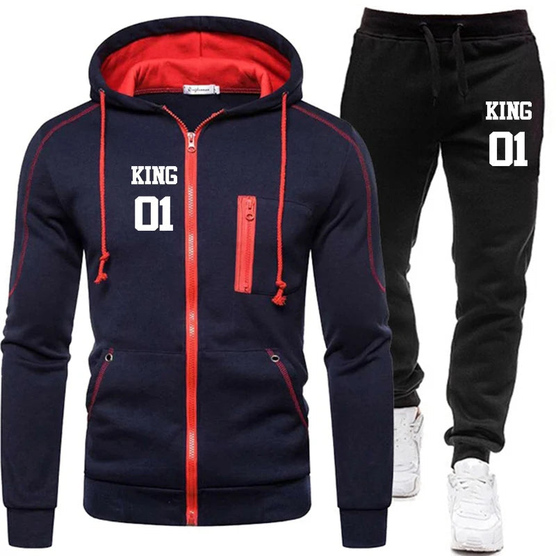 Men's King Printed Tracksuit Set - Zipper Hoodie & Pants 2 Piece Winter Gym Outfit for Jogging, Fitness & Casual Wear | Perfect for Workouts, Running & Street Style Fashion