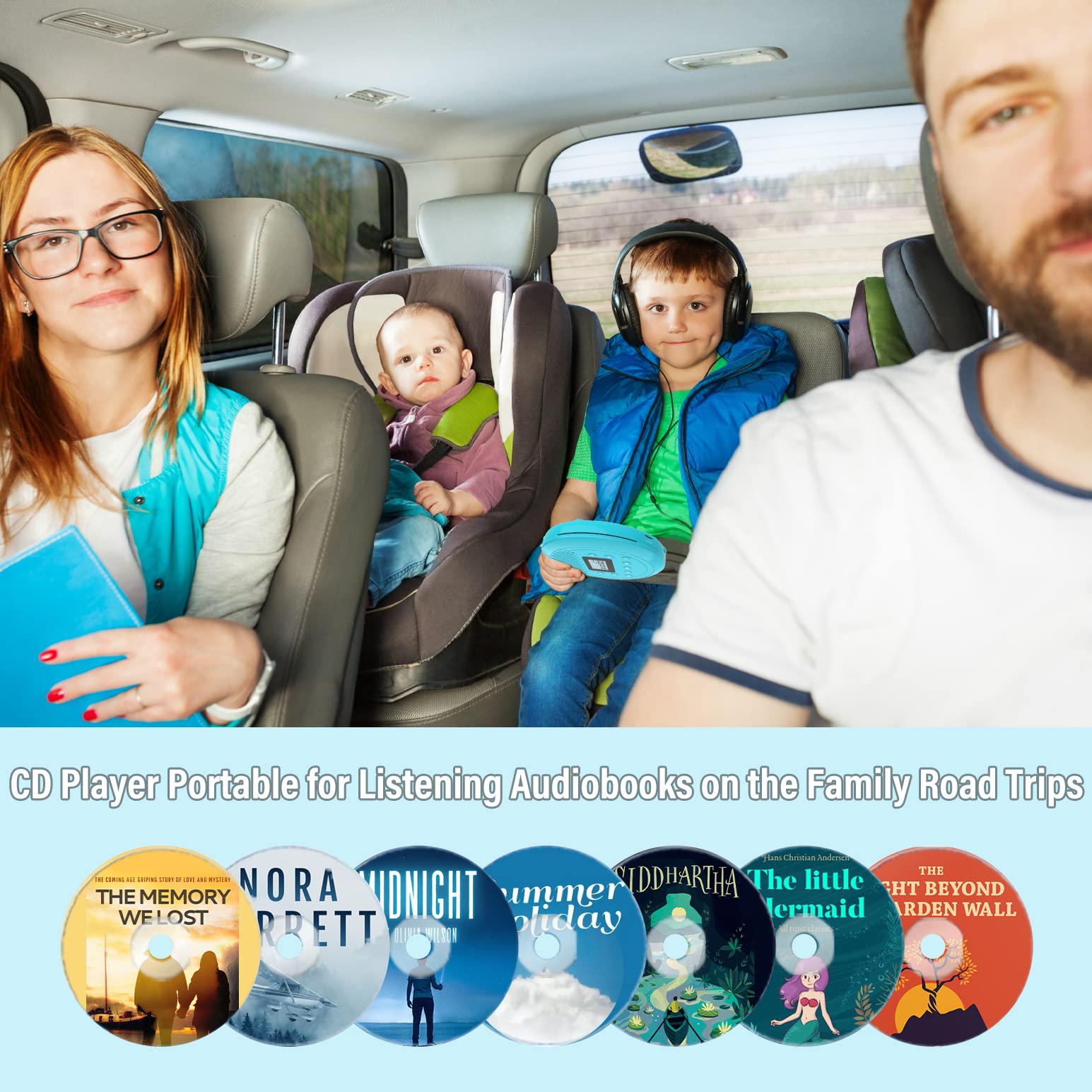Portable Rechargeable CD Player with Built-in Speaker - Anti-Skip Walkman for Kids, Car & Home Use | Includes Headphones (Cyan-Blue) | Perfect for Travel, Commuting & Bedtime Music