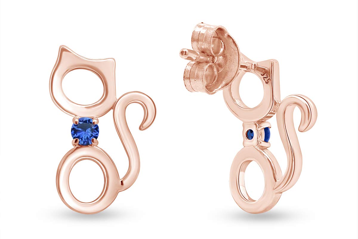 Round Cut Simulated Birthstone Kitty Cat Stud Earrings for Women - 14k Gold Over Sterling Silver Push Back Closure - Perfect Gift for Cat Lovers, Birthday & Anniversary