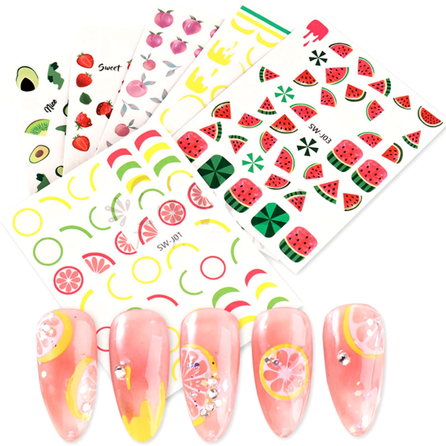 Summer Nail Art Stickers - Cute Fruit Designs (Lemon, Strawberry, Cherry, Watermelon, Avocado) for Women & Girls - DIY Nail Decals & Wraps for Acrylic Nails - Perfect for Parties, Vacations & Everyday Nail Art
