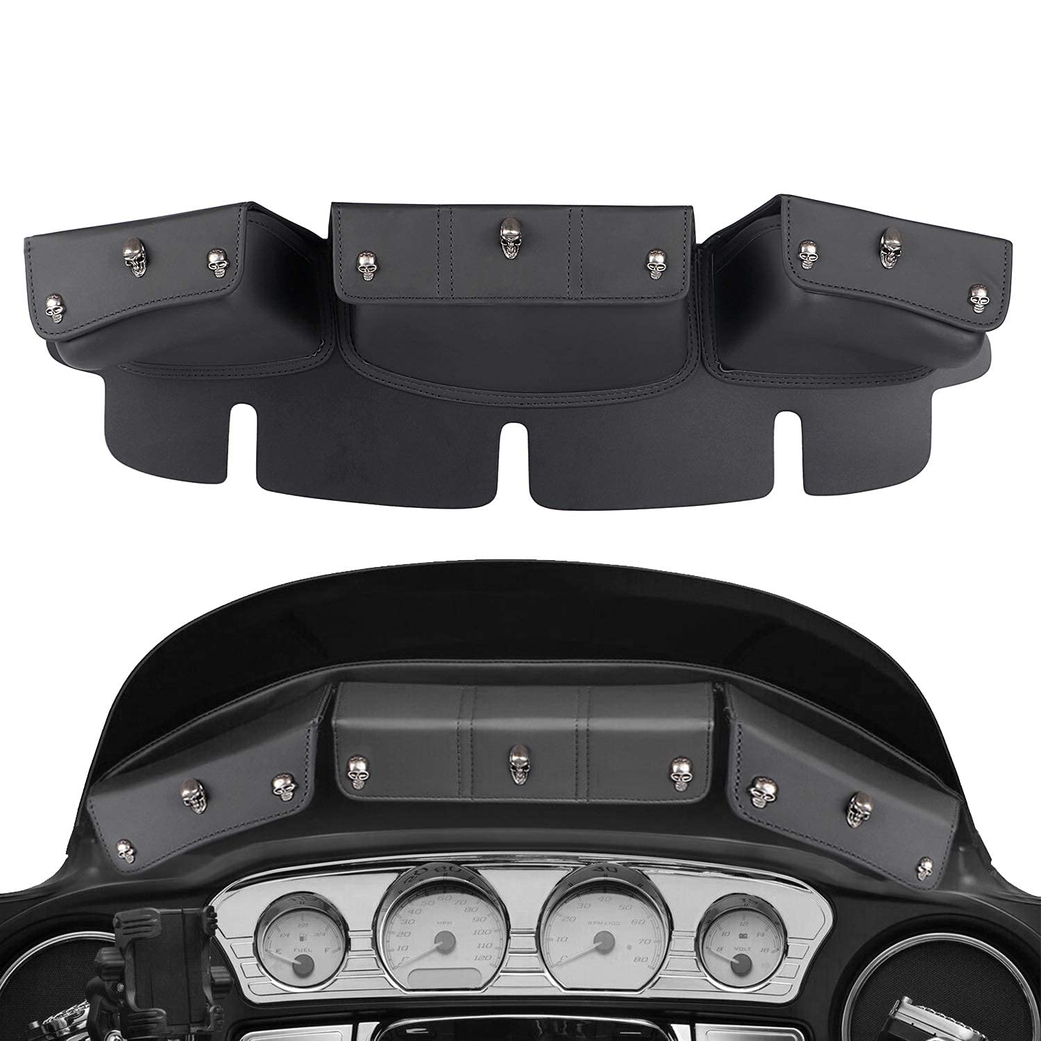 Motorcycle Windshield Bag with 3 Pockets - Compatible with Harley Electra Glide, Street Glide & Touring Models (1996-2013) - Black Skull Design - Perfect for Road Trips & Long-Distance Riding