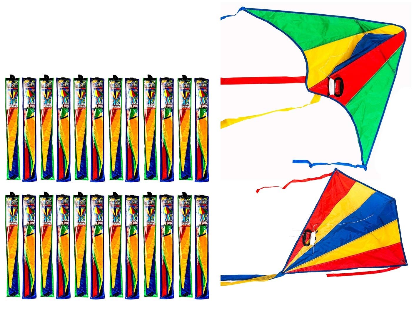 JA-RU Delta Kite Nylon Large Bulk Pack of 24 Assorted Kites for Kids - Easy to Assemble & Fly Outdoor Toys, Birthday Party Favors Gifts with Free Bouncy Ball (9877-24p) | Perfect for Beach Days, Park Playdates, and Summer Outdoor Family Activities