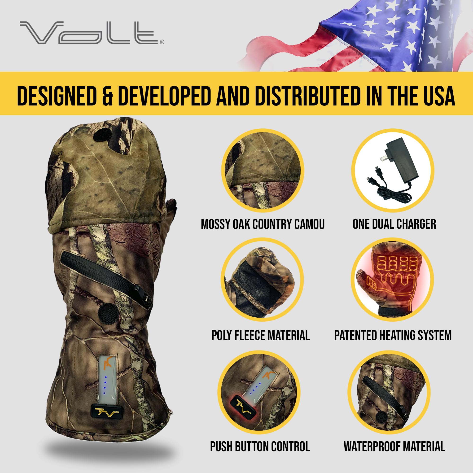 Volt Camouflage Rechargeable Heated Flip Mittens - Battery Powered Hand Warmers - Convertible Fingerless Gloves for Men & Women - Perfect for Skiing, Hiking & Winter Outdoor Activities