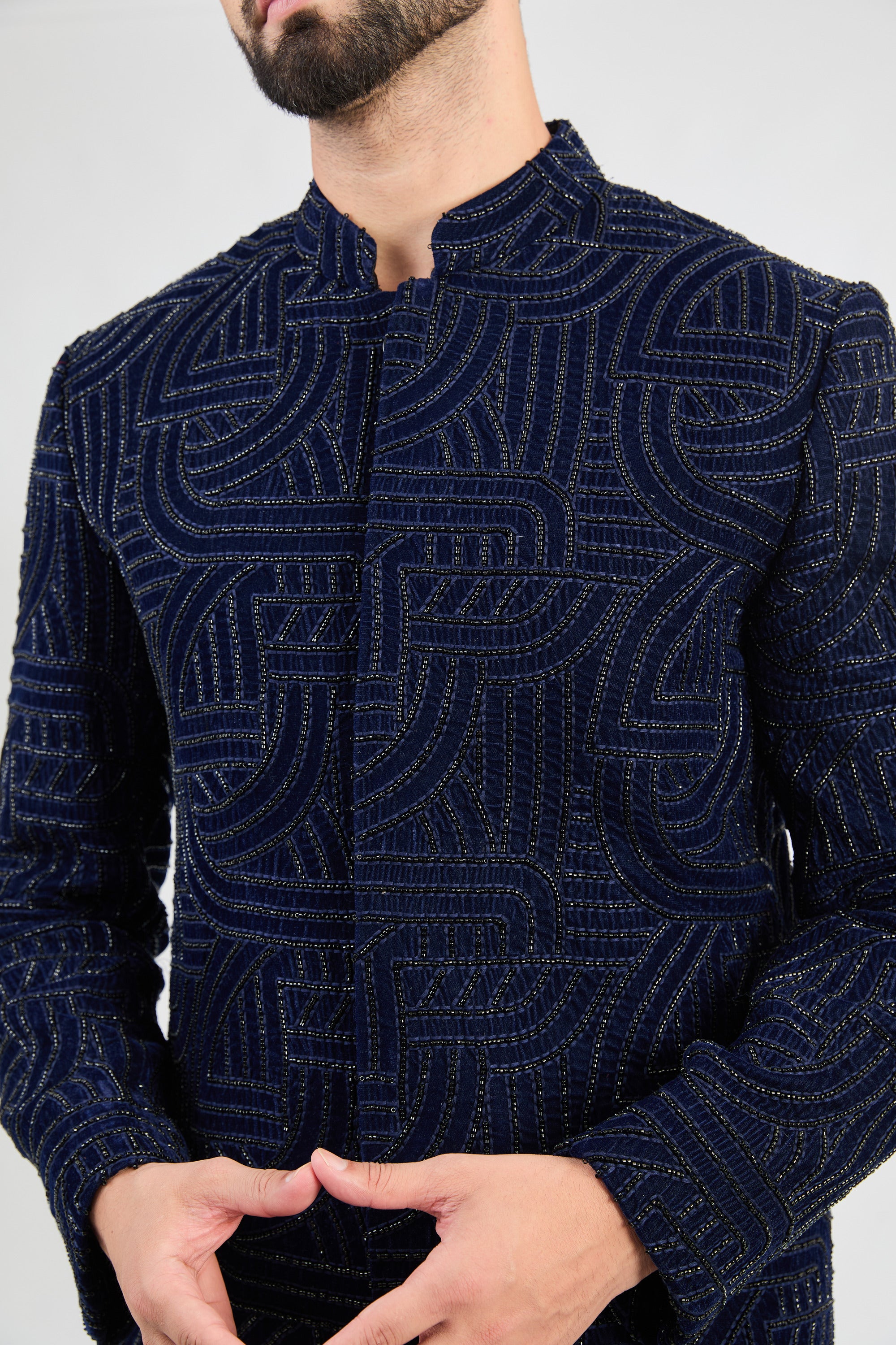 Elegant Navy Blue Sherwani for Men with Geometric Embroidery & Intricate Cut Dana Design - Perfect for Weddings, Festivals & Special Occasions