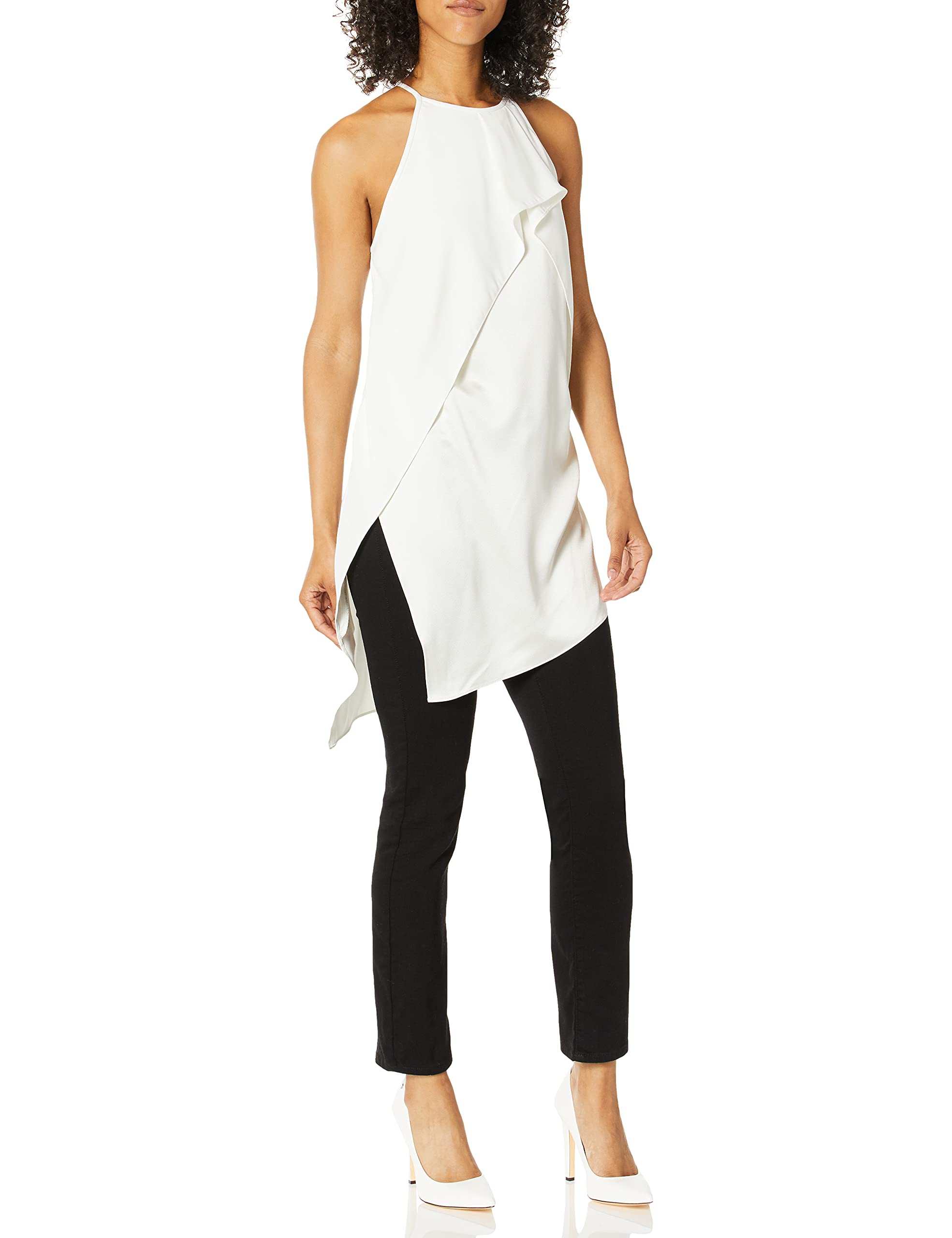 HALSTON Women's Sleeveless Crepe Tunic Top with Satin Ruffle Overlay - Elegant Casual Wear for Office, Party & Special Occasions
