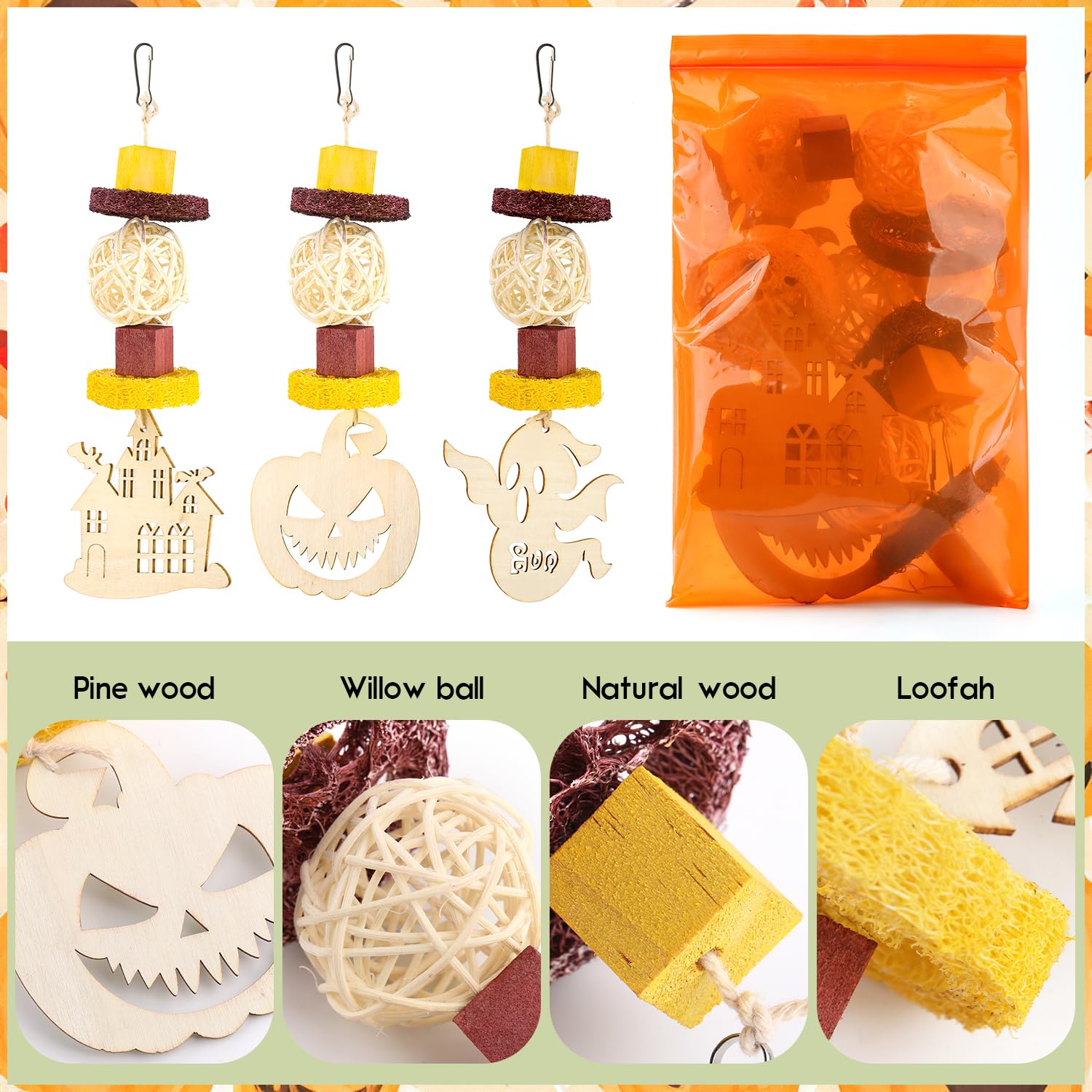 Halloween Guinea Pig Chew Toys - 3 Pack Wooden Rabbit Hamster Treats for Chinchillas, Rats & Small Pets - Hanging Cage Accessories for Teeth Care & Enrichment - Perfect Halloween Decor & Gifts for Bunny, Rodent Owners