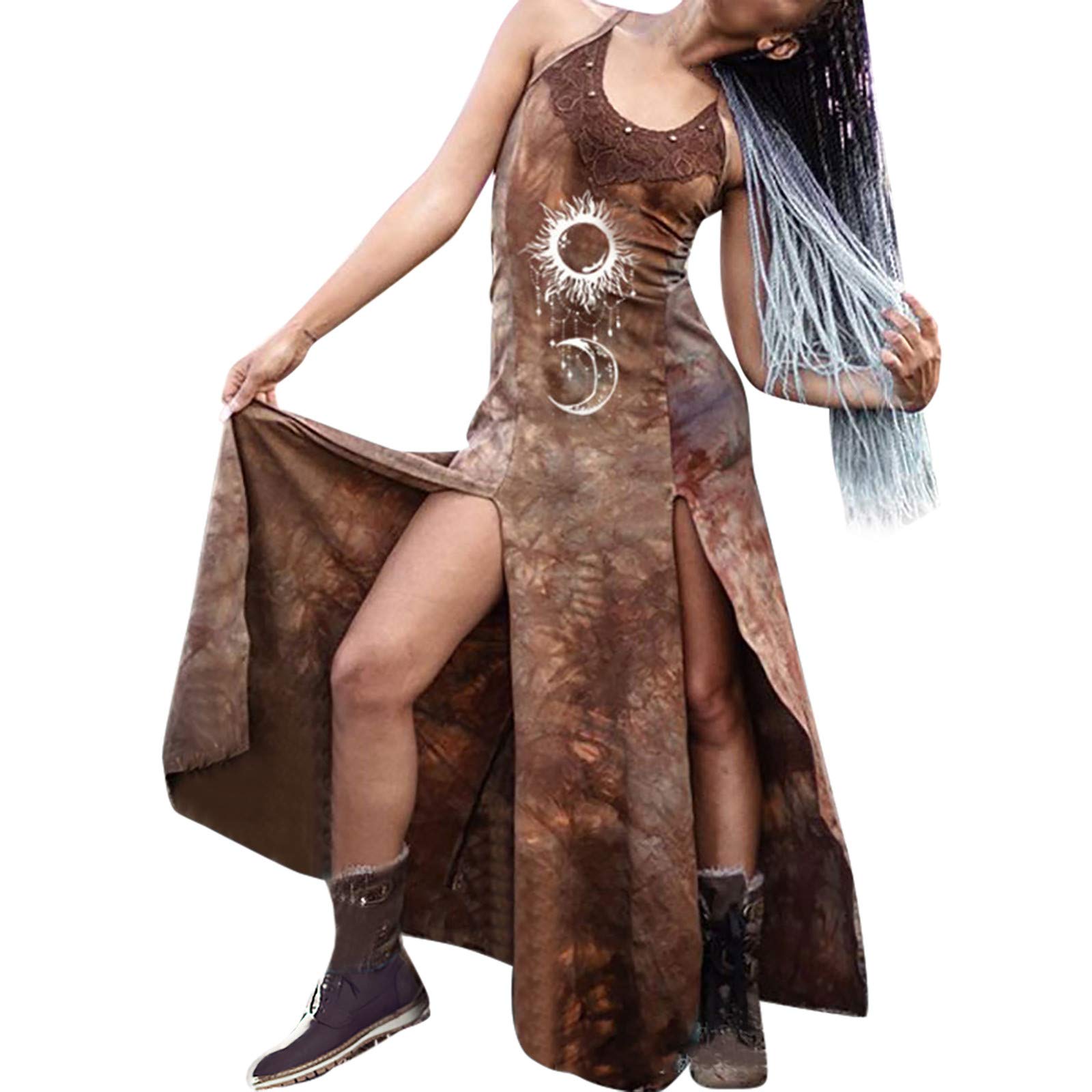Women's Summer Maxi Dress - Retro Tie-Dye Lace Print Long Slit Halter Dress | Sexy Beachwear & Evening Party Outfit