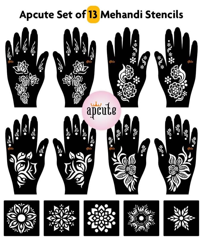 APCUTE 13-Piece Henna Tattoo Stencil Kit for Hands | Easy 4-Step Temporary Mehndi Designs for Women & Girls | Perfect for Weddings, Festivals & DIY Body Art