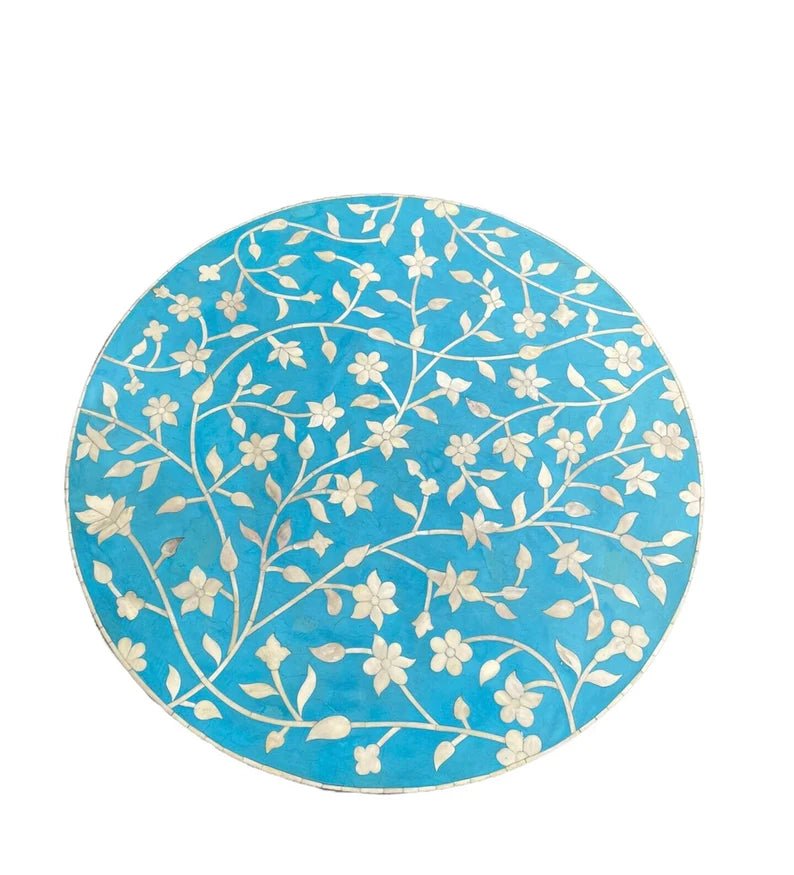 Handmade Indian Bone Inlay Round Coffee Table with Floral Pattern - Boho Chic Living Room Furniture for Home Decor