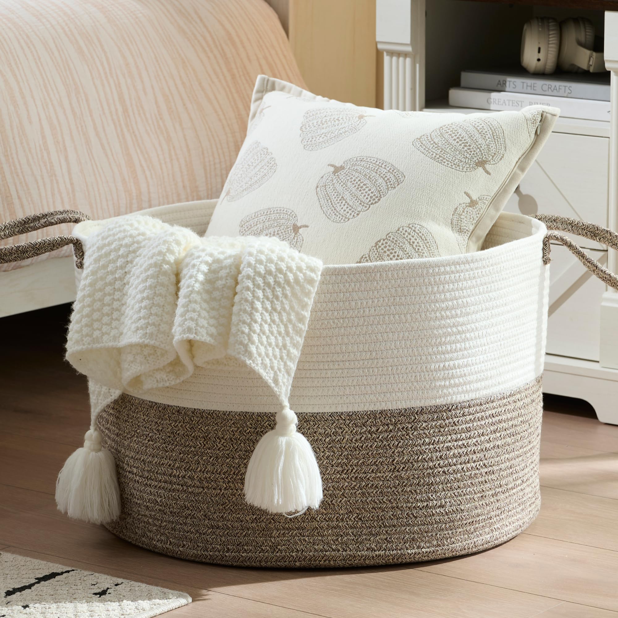 VERSAINSECT Extra Large Cotton Rope Storage Basket with Leather Handles - 22x22x14 Inch Nursery Organizer, Laundry Hamper for Toys, Blankets & Pillows - Dark Grey Home Decor for Bedroom, Playroom & Nursery Organization