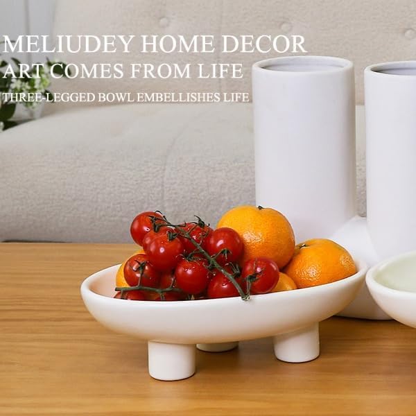 10 Inch Ceramic Fruit Bowl with Three Legs - Elegant Oval Kitchen Countertop Decor, Large Candy & Key Bowl for Dining Table, Living Room, and Home Décor (Crème) - Perfect for Entertaining & Daily Use