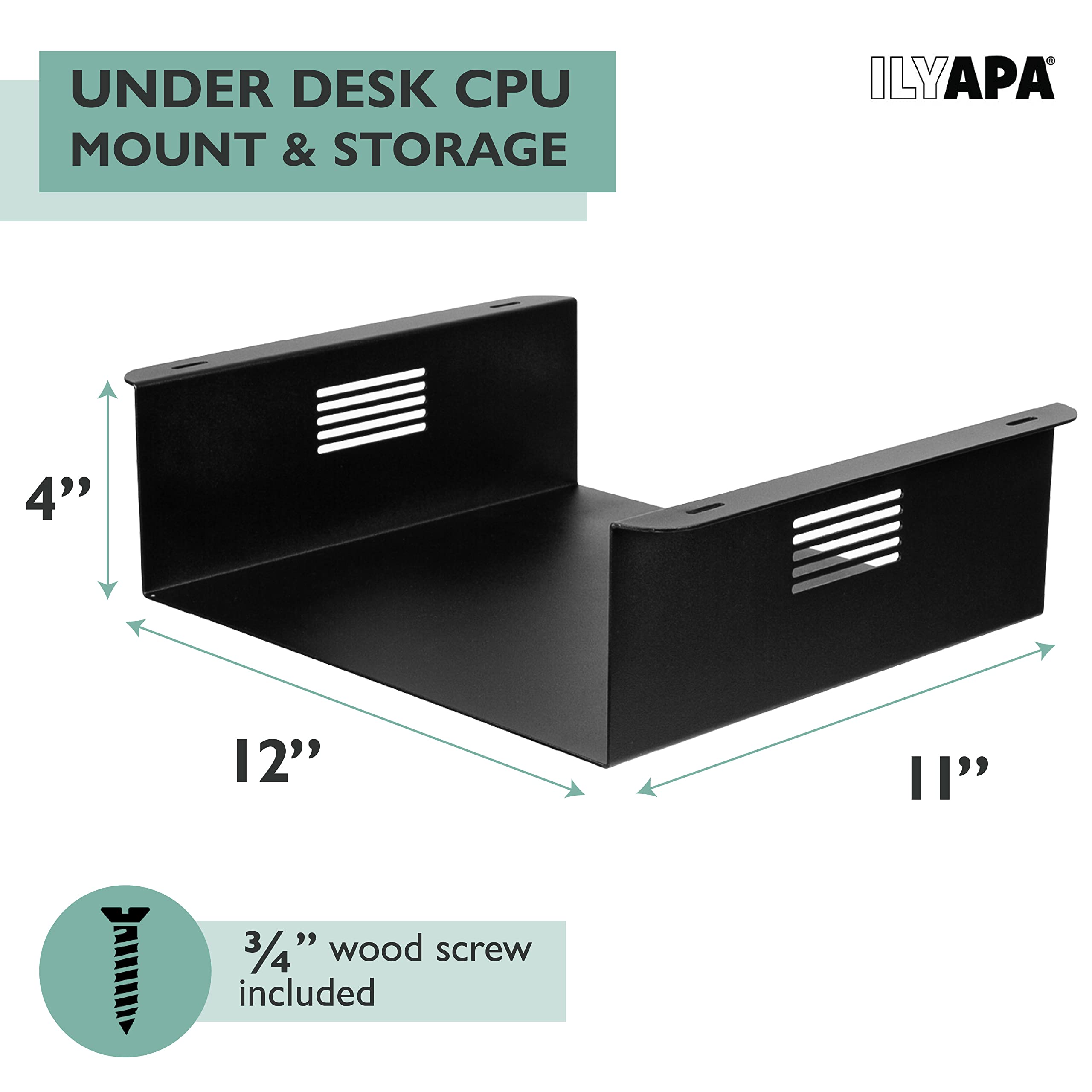 Ilyapa Under Desk CPU Mount - Heavy Duty Steel PC Holder with Vented Sides for Optimal Airflow, Space-Saving Computer Wall Storage & Laptop Stand - Perfect for Home Office, Gaming Setup & Workspace Organization (12x11x4 Inches)