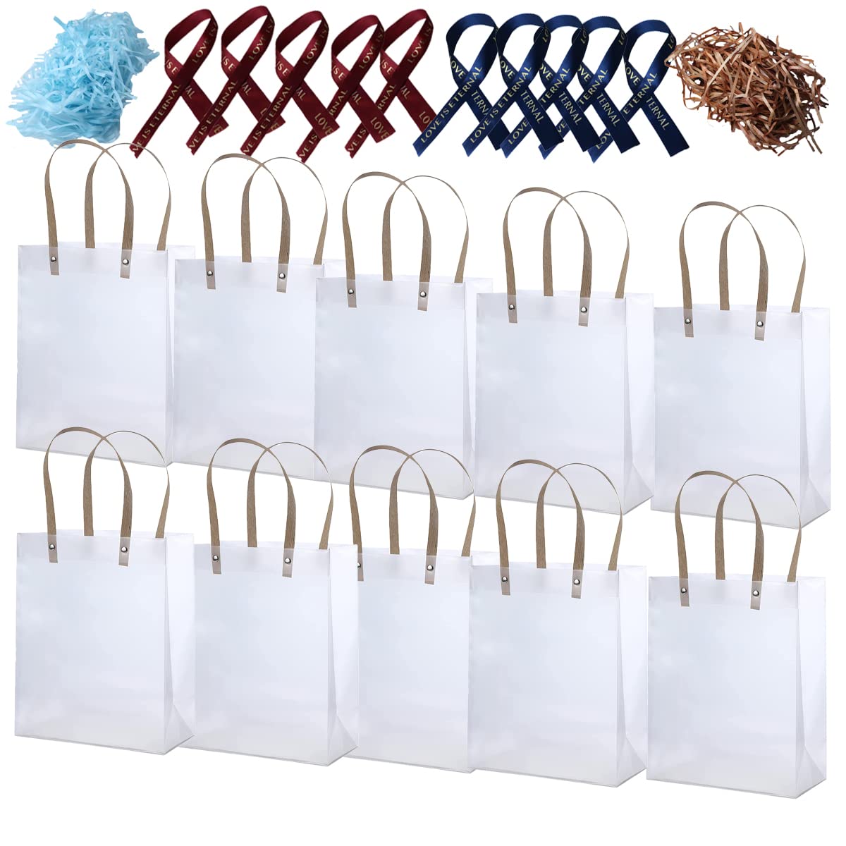 10 Pack Clear Gift Bags with Silk Ribbon - Premium Party Favor Bags for Weddings, Baby Showers & Birthday Events - Durable Candy Cookie Boxes with Raffia Bow (Wine/Navy) - Perfect for Holiday Gifting, Bridal Favors & Corporate Events