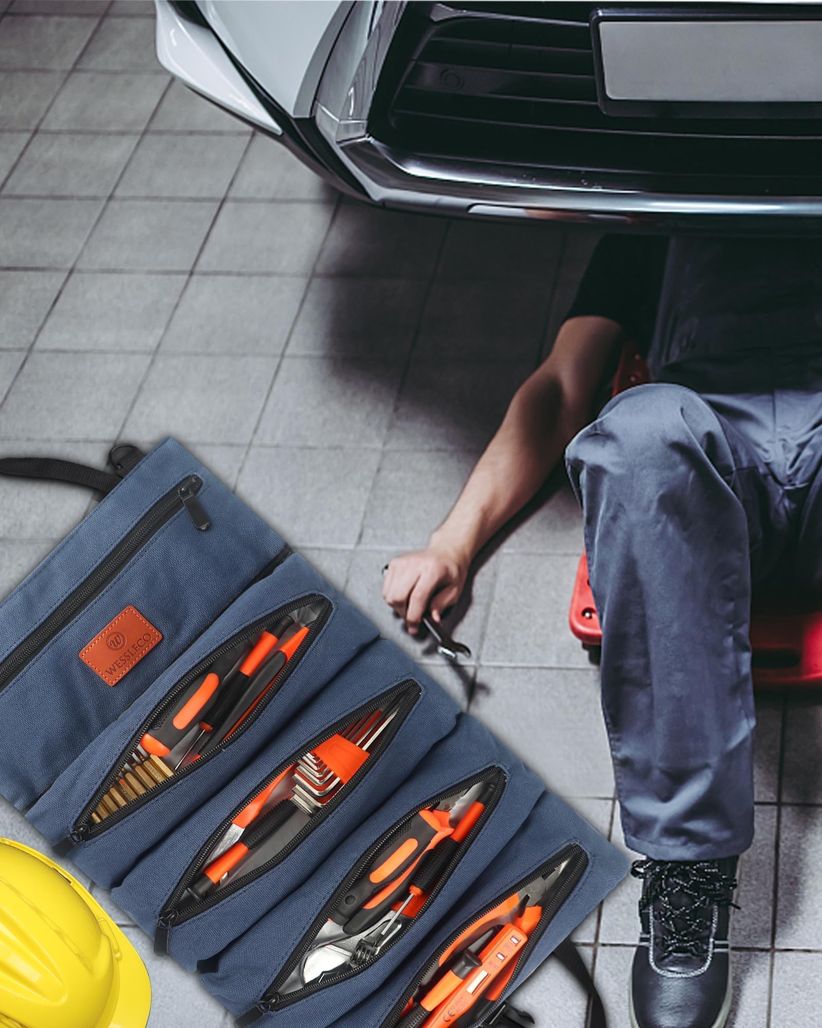 Heavy-Duty 16OZ Canvas Roll Up Tool Bag with 5 Zippered Pockets - Multi-Purpose Wrench Roll Organizer for Mechanics, Electricians & DIY Enthusiasts (Blue) - Perfect for Workshop, Garage & On-the-Go Tool Storage