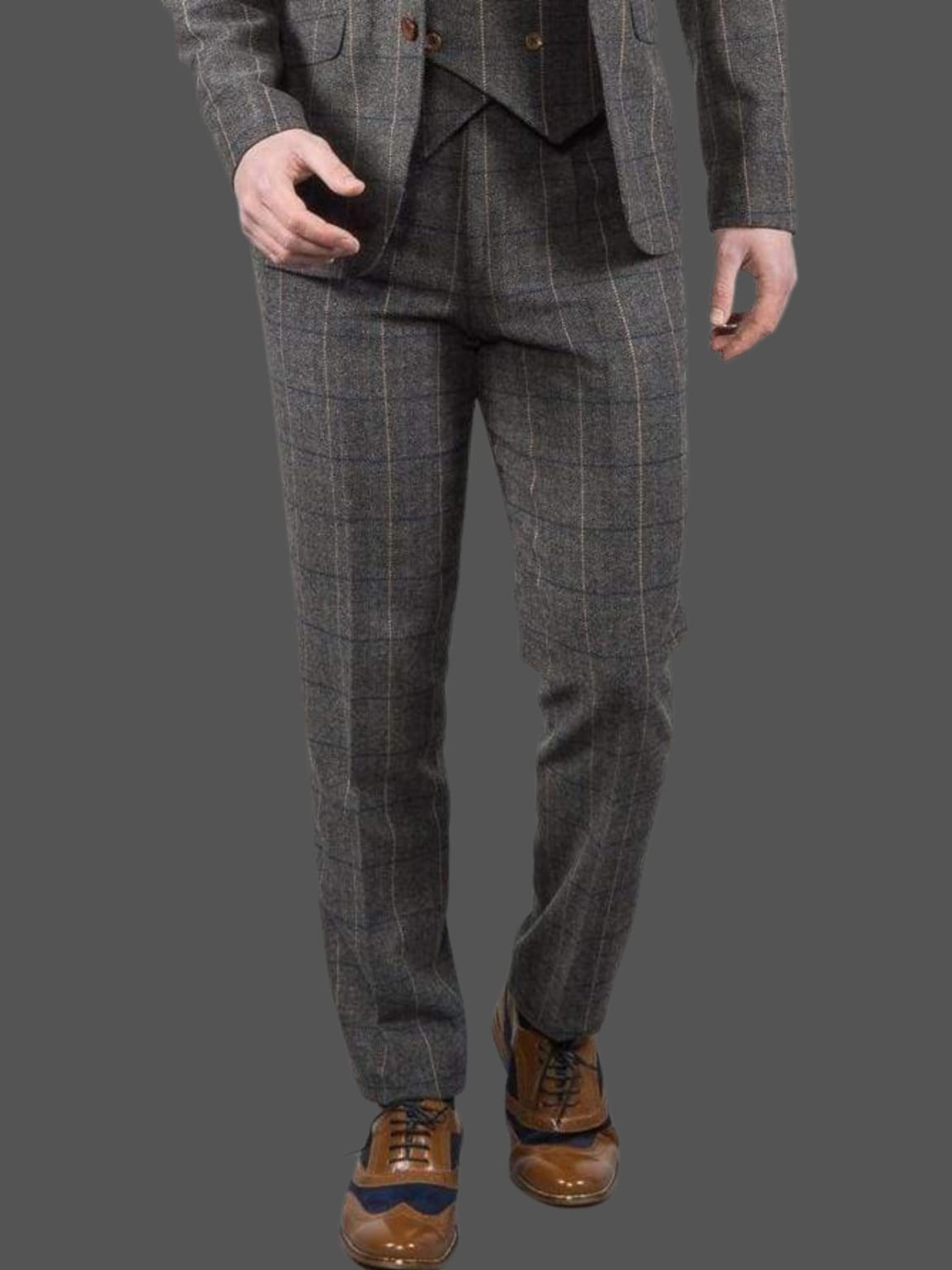 Ezra Men's Grey Herringbone Slim Fit Tweed Trousers - Classic Office Pants for Business Casual & Winter Wear