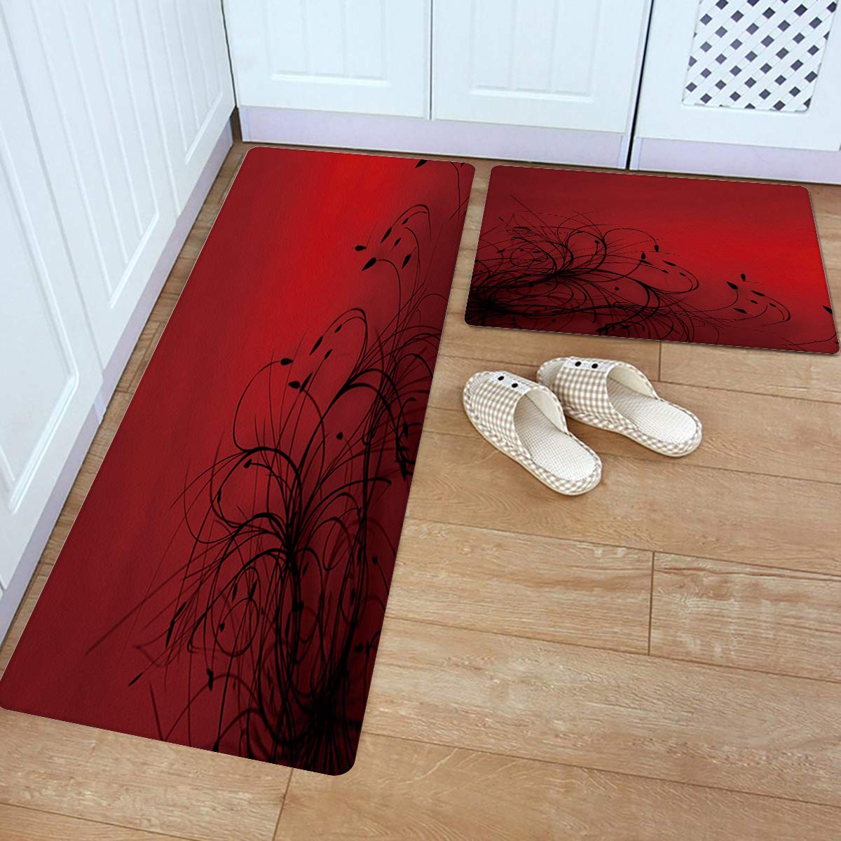Premium 2-Piece Leather Kitchen Rug Set - Non-Slip Waterproof Floor Mats with Red Black Dahlia Abstract Gradient Design for Indoor Use in Kitchen, Home & Office | Comfortable Standing Mat for Cooking, Dishwashing & Workstations