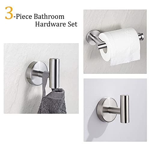 Premium 3-Piece SUS 304 Stainless Steel Bathroom Accessories Set - Wall Mounted Toilet Paper Holder & 2 Robe Hooks - Modern Bathroom Hardware for Home & Hotel Use