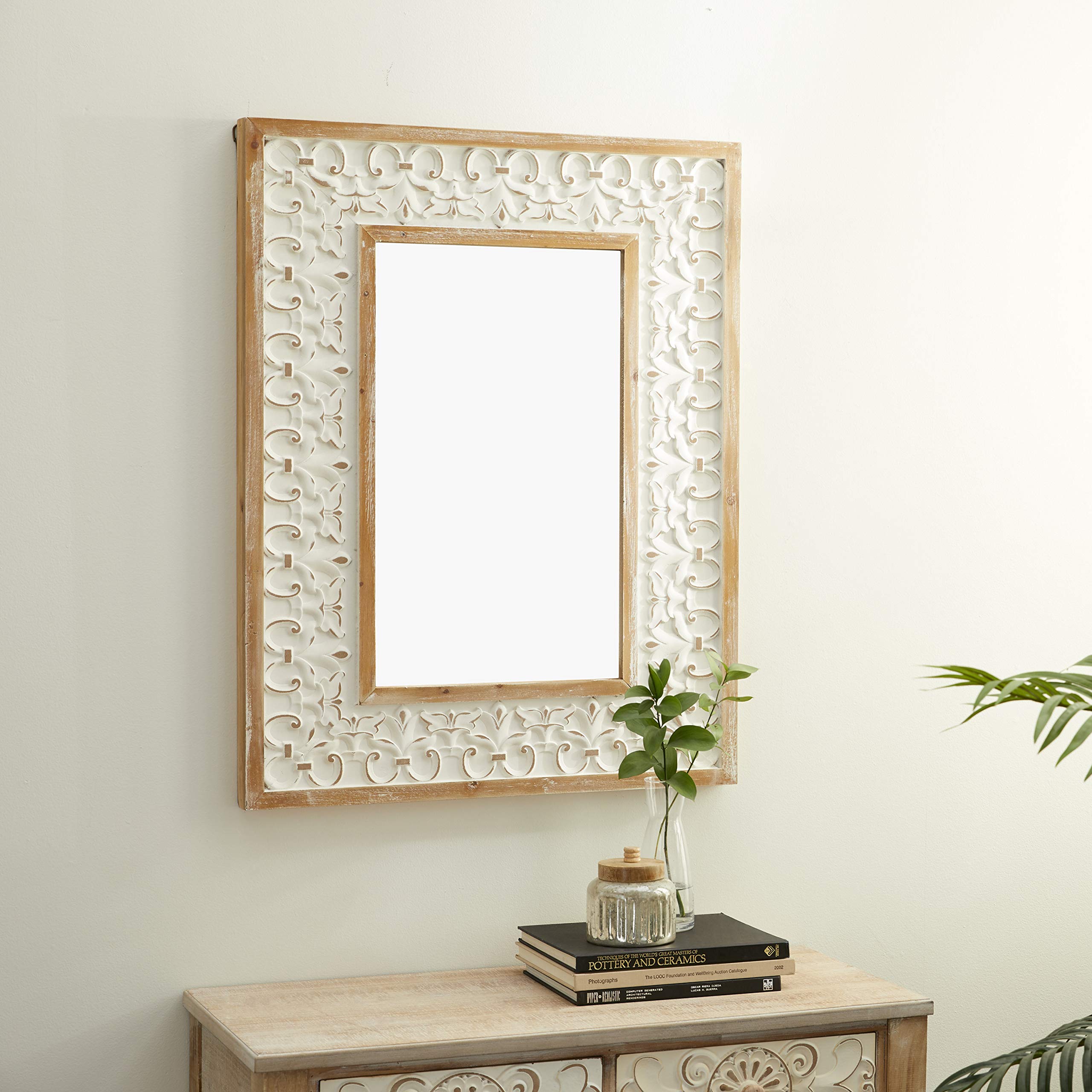 Deco 79 Multi-Colored Country Cottage Wood Wall Mirror - 36 x 28 Inches - Rustic Farmhouse Decor for Living Room, Bedroom & Entryway