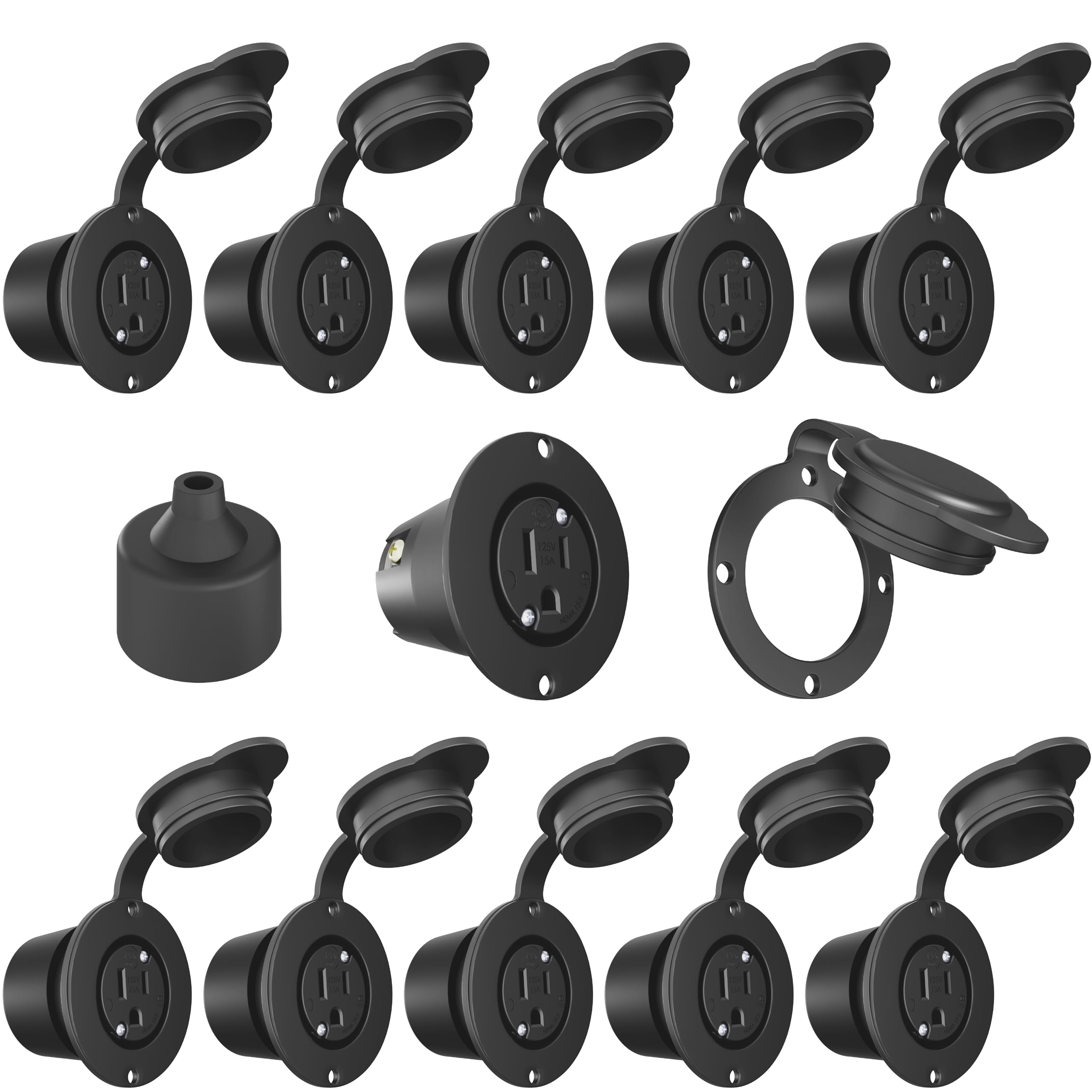 Journeyman-Pro 5279 15 Amp 120-125 Volt NEMA 5-15 Flanged Outlet, Black Commercial Grade 2 Pole-3 Wire Straight Blade Plug Charger Receptacle (10-Pack with Front & Back Covers) - Ideal for Commercial Buildings, Workshops, and Industrial Power Distribution