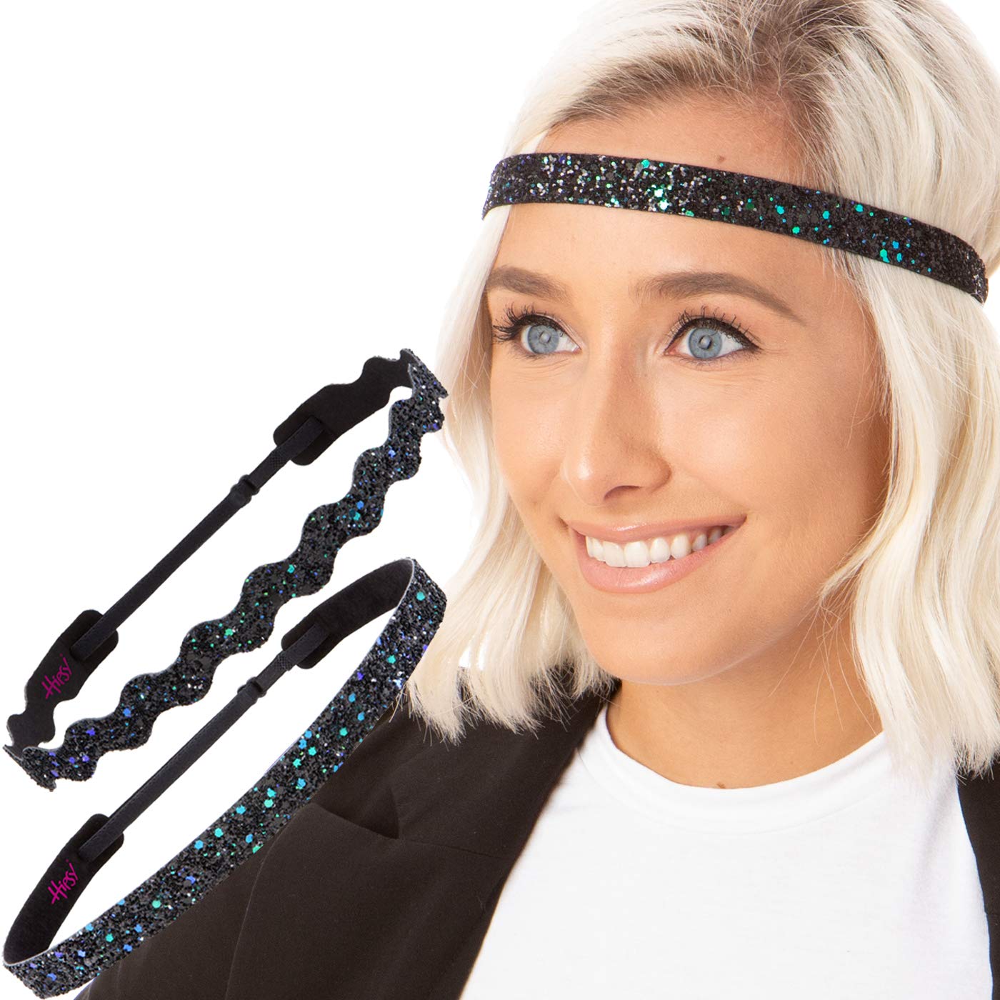 Sparkly Bling Adjustable No-Slip Headbands for Women, Girls & Teens - 2 Pack Mixed Glitter Peacock Design - Perfect for Parties, Sports, and Everyday Wear