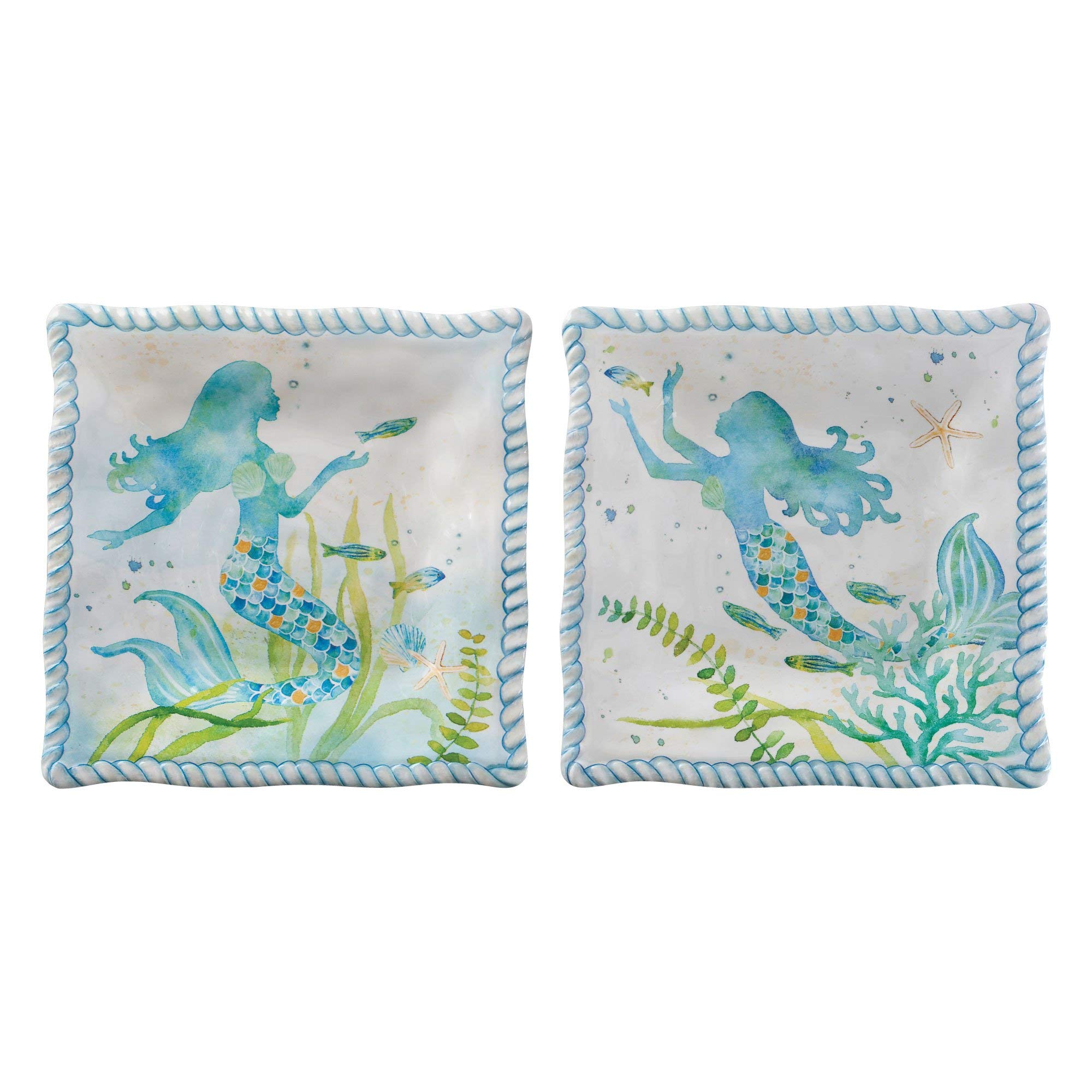 UPware Mermaid Melamine Square Dessert Plates - 6 Inch Small Serving Plates for Appetizers, Snacks & Side Dishes - Set of 4 Blue Dishware - Perfect for Beach Parties, Poolside Snacks & Summer Entertaining