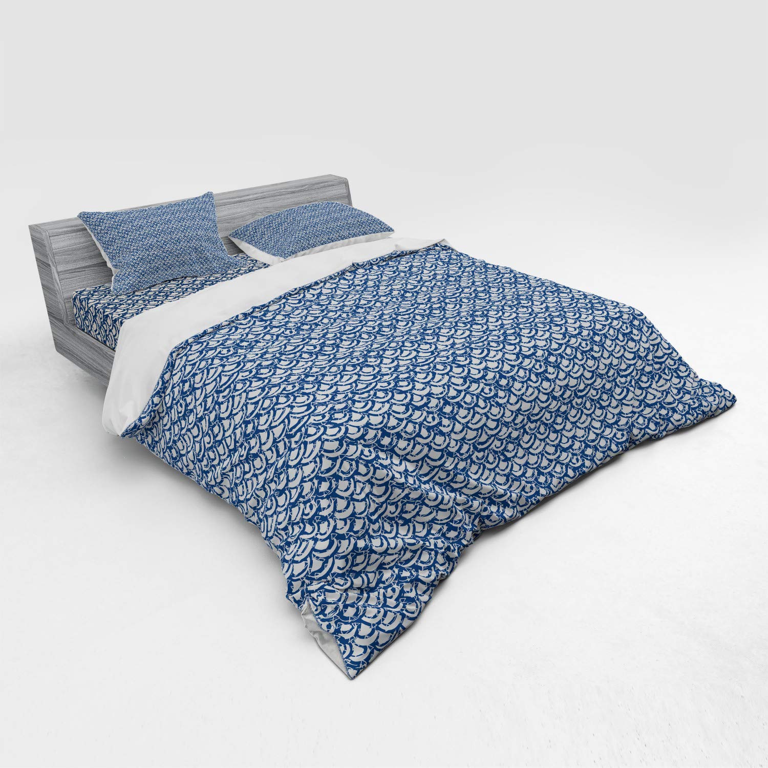 Ambesonne Ethnic Bedding Set 4-Piece King Size - Hand-Painted Indonesian Batik Design with Geometric Patterns in Navy Blue & Cream | Duvet Cover, Pillow Shams & Fitted Sheet | Boho Chic Bedroom Decor for Master & Guest Rooms