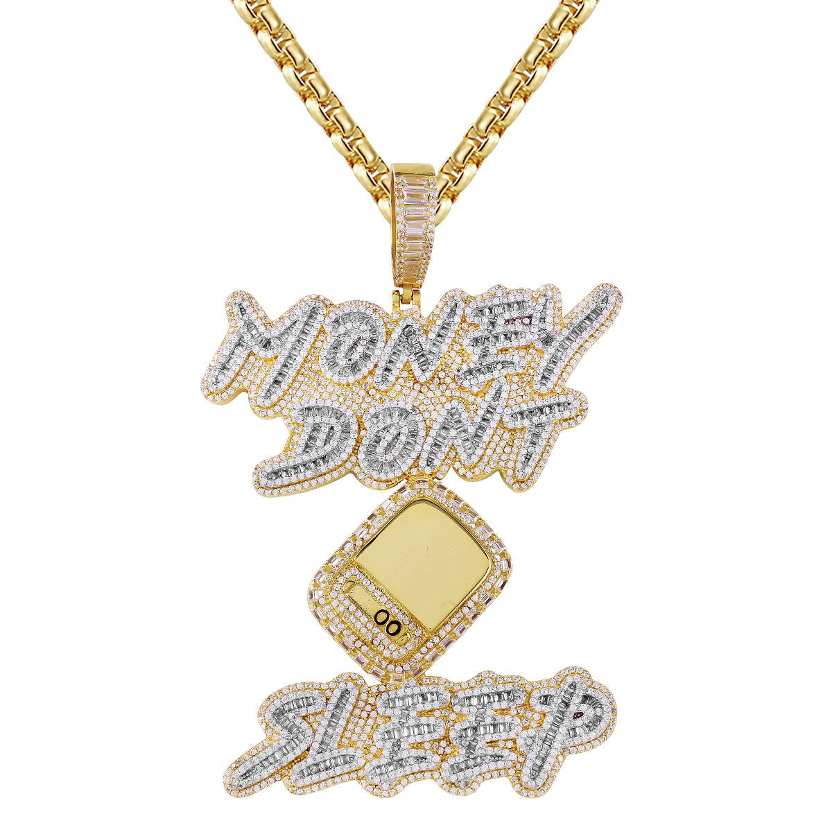 Money Don't Sleep Sterling Silver Baguette Icy Pendant Necklace - Elegant Icy Jewelry for Women, Perfect for Parties & Special Occasions