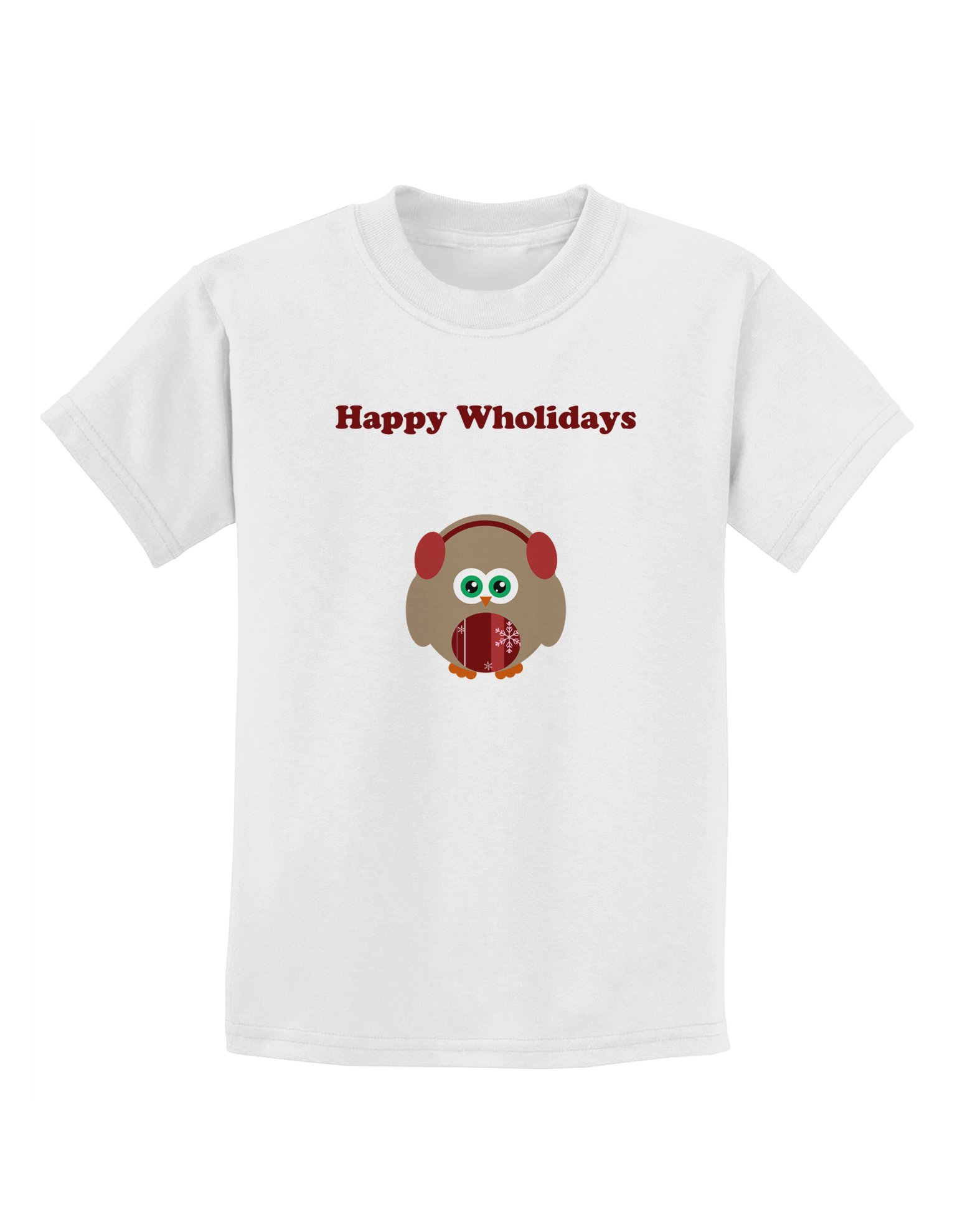 Happy Holidays Winter Owl with Earmuffs Kids T-Shirt - Cute Christmas Animal Graphic Tee for Boys & Girls