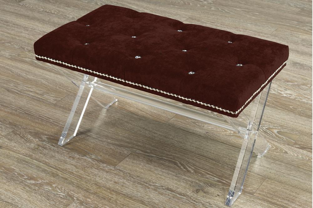 Modern Accent Bench with X-Style Acrylic Legs & Button/Crystal Inlays - Perfect for Entryway, Bedroom or Living Room Seating Decor