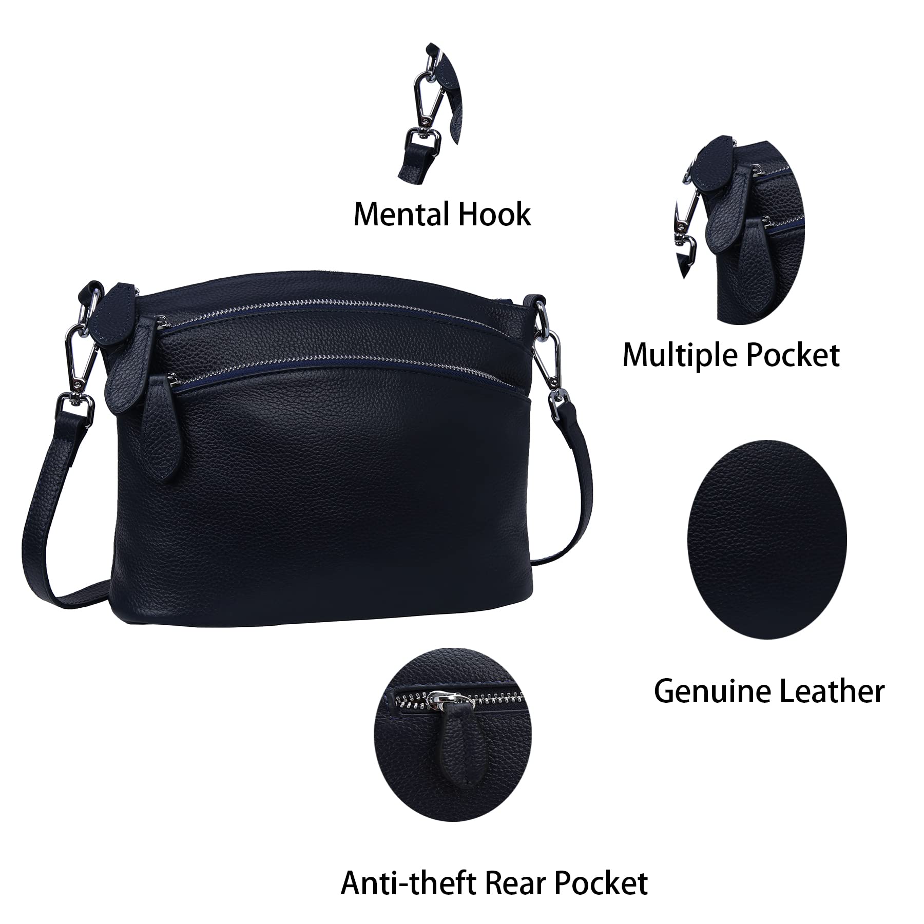 HESHE Women's Leather Crossbody Bag - Small Functional Multi-Pocket Shoulder Purse & Handbag for Everyday Use, Travel, and Work
