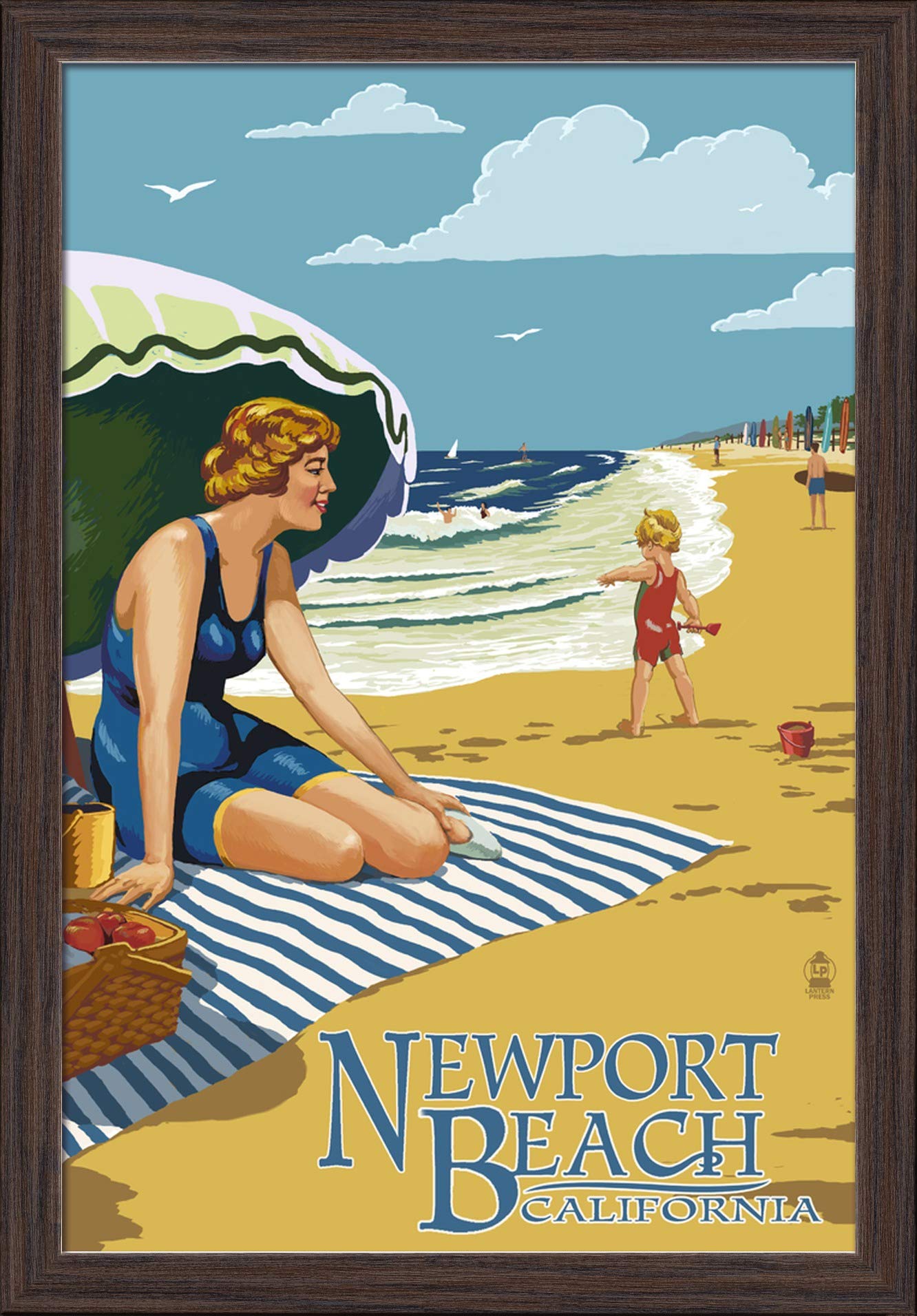 California Beach Art Print - Newport Beach Woman on the Shore (16x24 Inch Giclee Fine Art, Recycled Wood Frame in Espresso Brown) - Perfect for Coastal Home Decor, Living Room Wall Art & Beach House Gifts