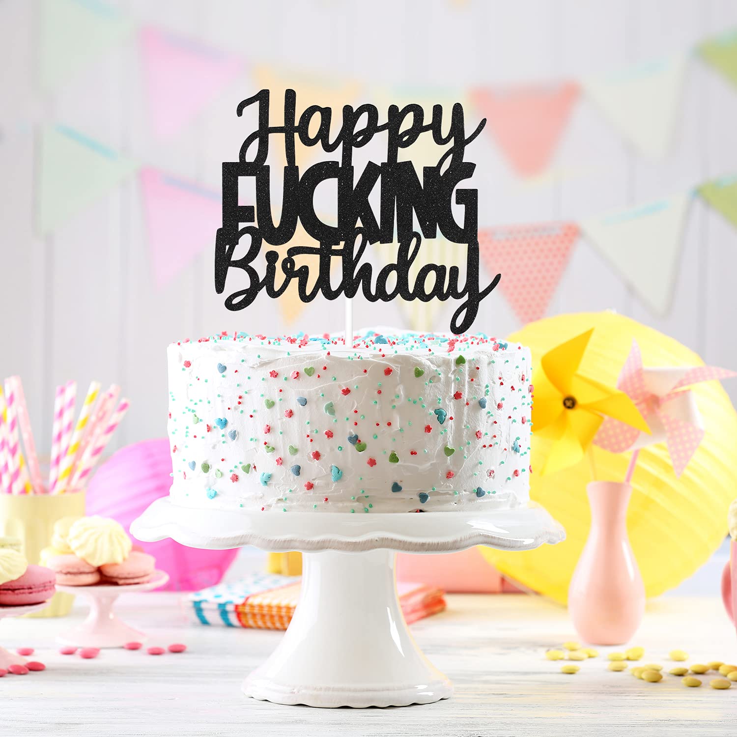 Funny Happy F**king Birthday Cake Topper - Black Glitter Fabulous Cake Decorations for Adult Birthday Parties | Perfect for Bachelorette, Milestone Birthdays & Office Celebrations