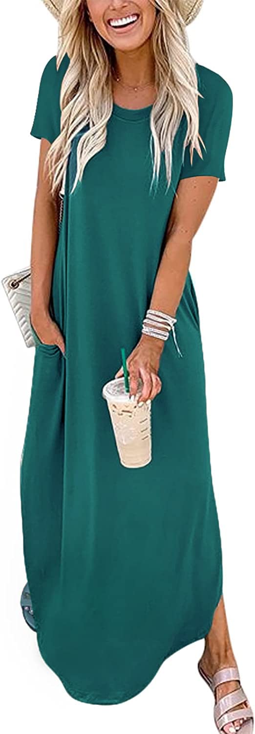 Women's Casual Summer Maxi Dress - Short Sleeve Crewneck Long Sundress with Side Slit & Pocket | Perfect for Beach Vacation, Outdoor Picnic & Summer Parties