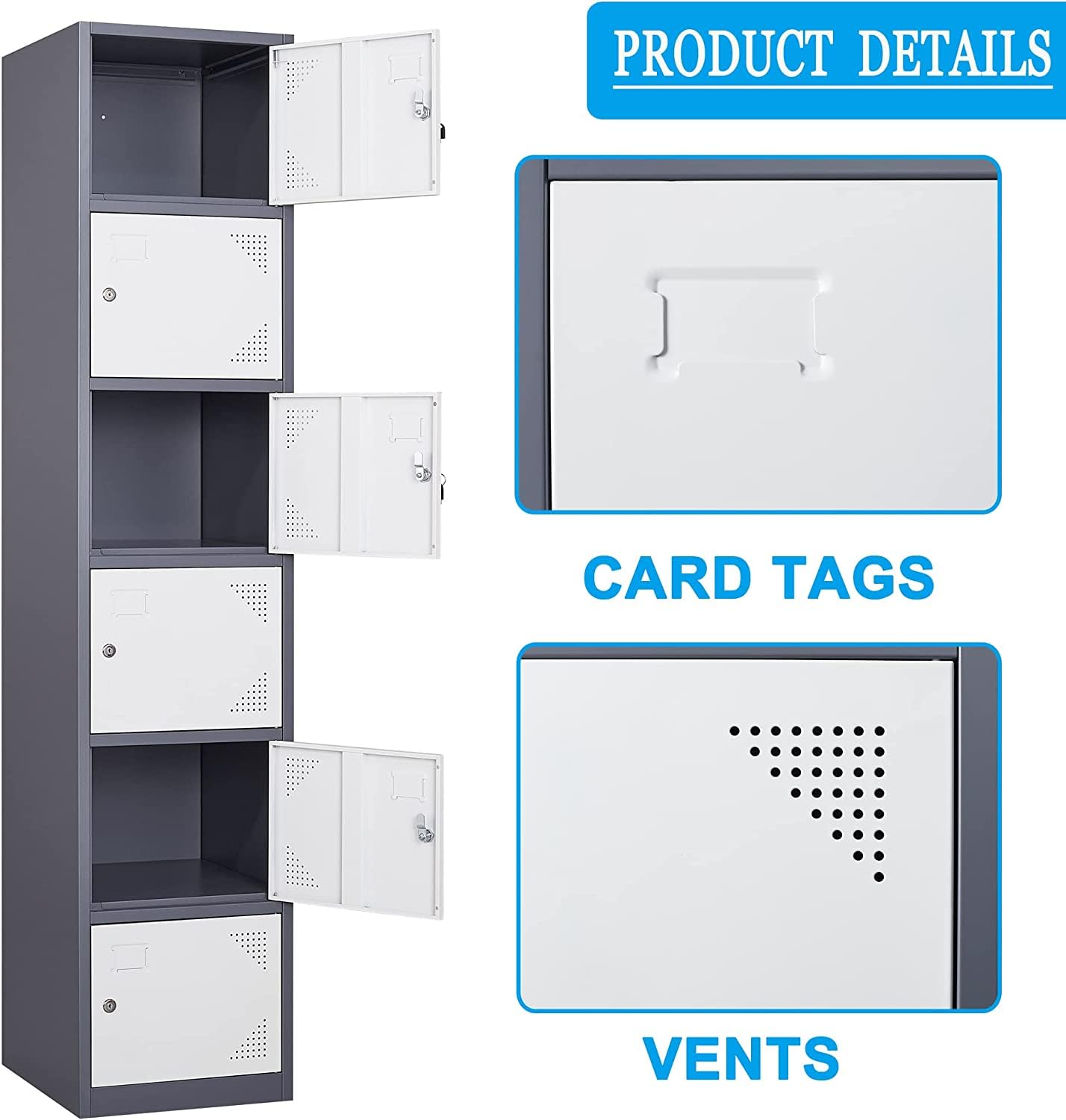 Lockable Metal Storage Lockers with Keys - 6 Door Steel Cabinet for Office, Gym, School & Home (Grey-White) - Secure Employee & Personal Belongings Storage Solution
