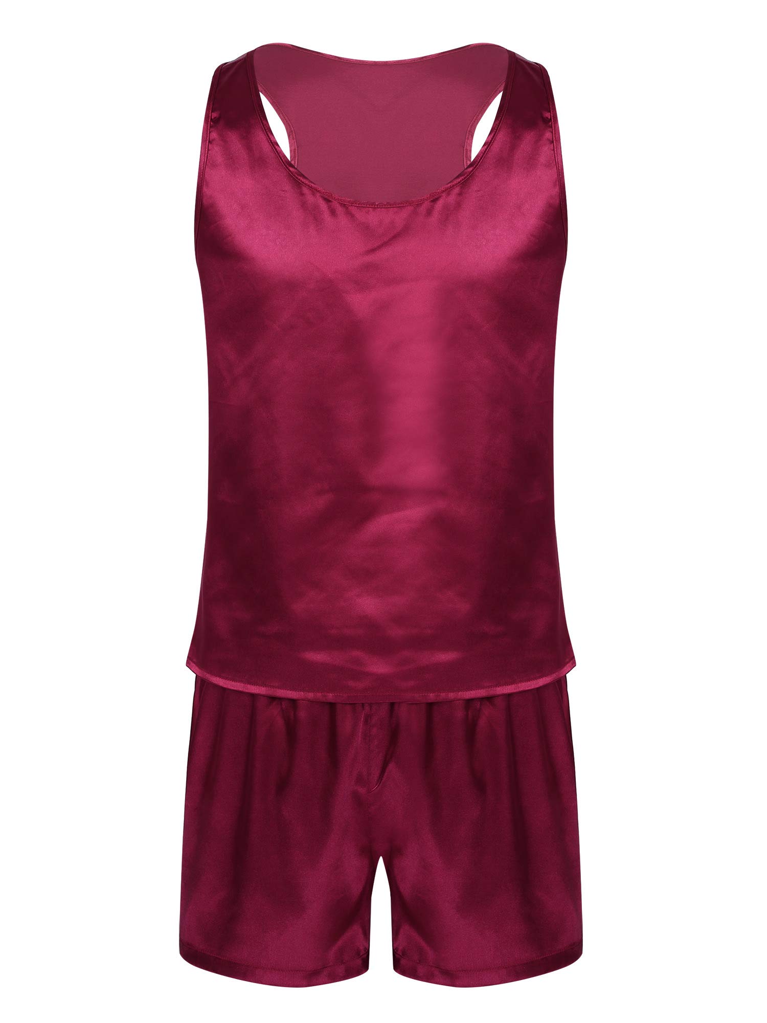 FEESHOW Men's Satin Pajama Set - Breathable Sleepwear Vest & Shorts for Lounge, Travel & Home Comfort | Summer Nightwear for Men