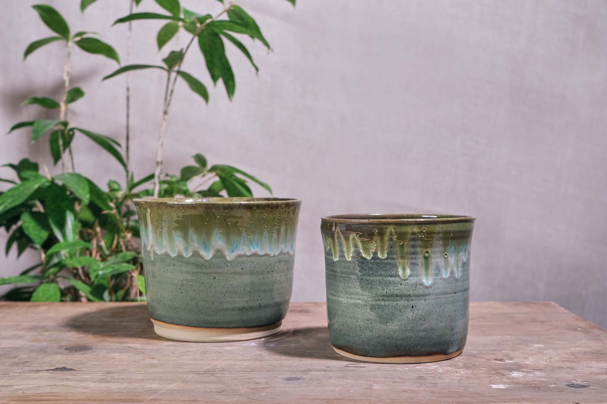 Handmade Ceramic Pot with Green Drip Glaze - 14cm & 17cm Diameter - Perfect for Home Decor, Planters, or Unique Gift Ideas