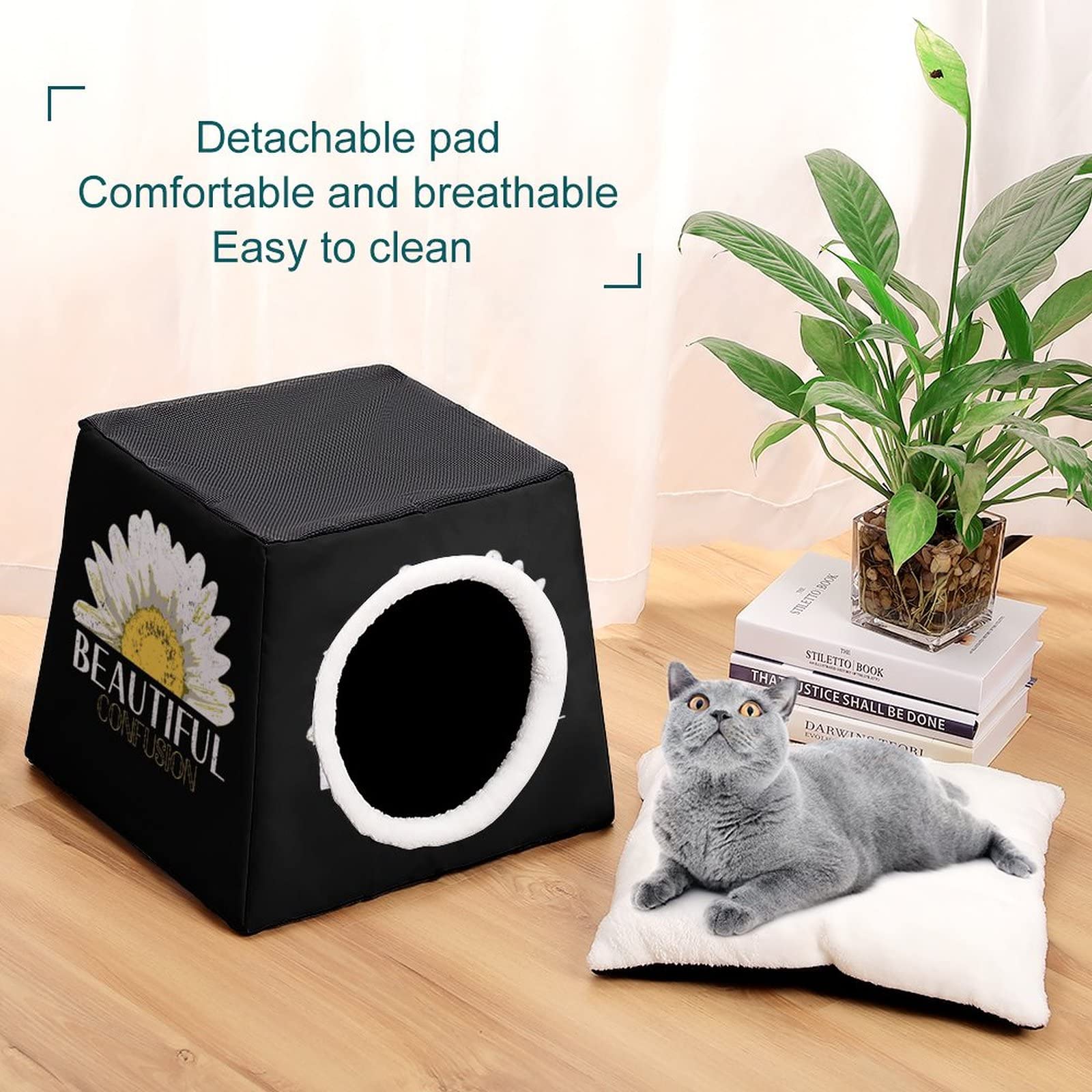 3-in-1 Cat House Bed & Sofa - Printed Cat Cube for Indoor/Outdoor Use - Sunflower Design Pet Shelter - Perfect for Home, Garden & Travel